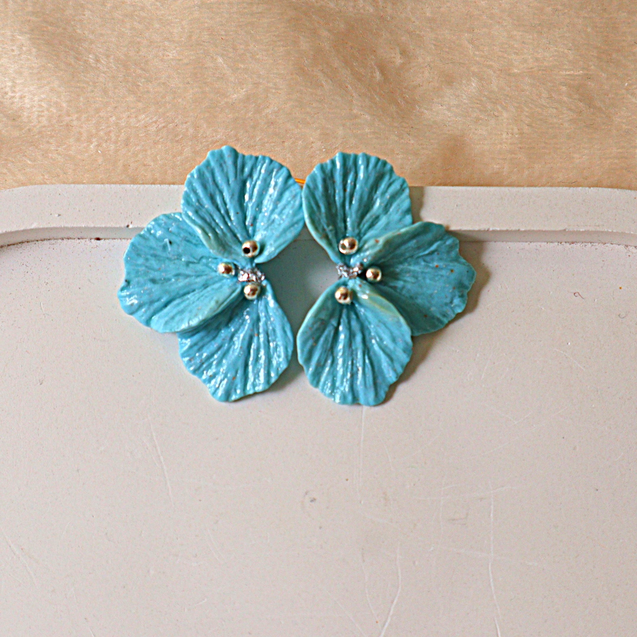 Handmade Turquoise Blue Floral Statement Stud Earrings | Textured Hydrangea Clay Studs