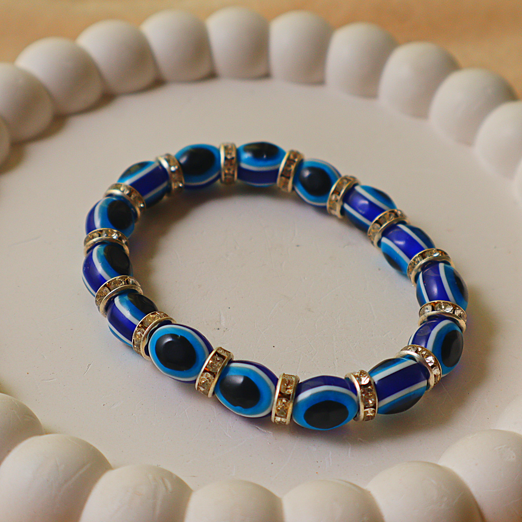 Protection Evil Eye Beaded Bracelet – Deep Blue Glass Beads with Sparkly Rhinestone Spacers