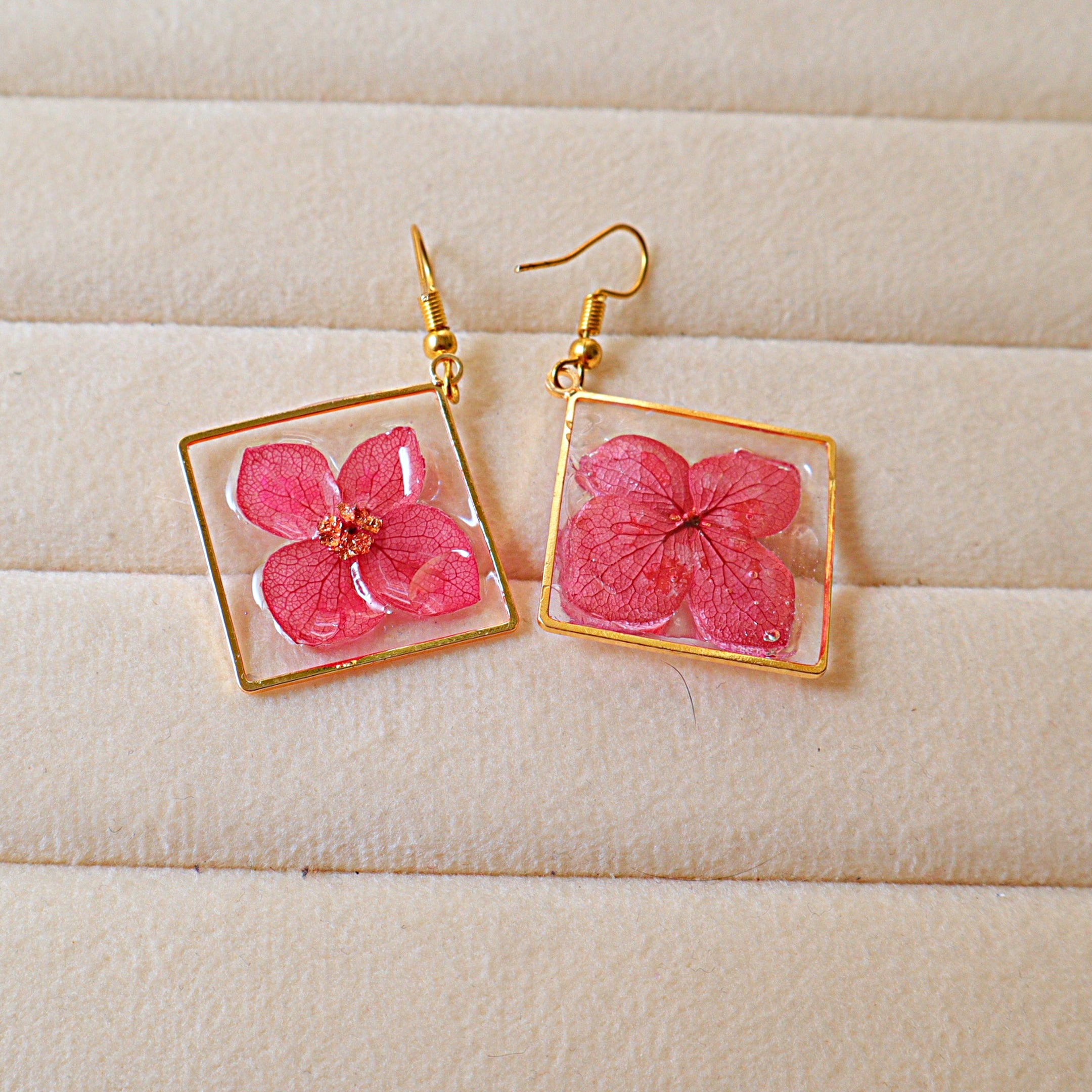 Real Pressed Hydrangea Square Frame Resin Dangle Earrings | Handcrafted Gold Bezel Botanical Drop Earrings