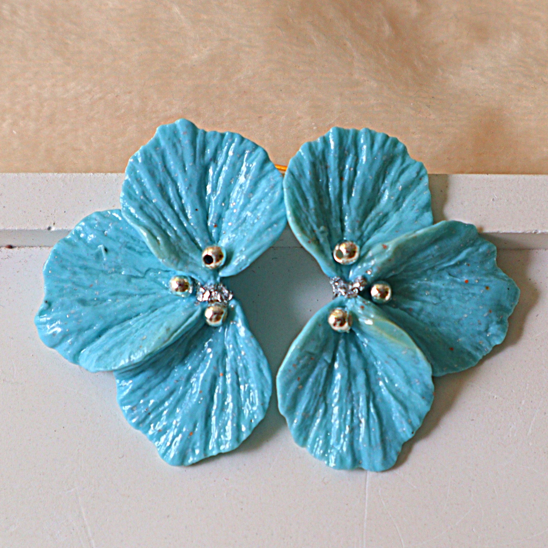 Handmade Turquoise Blue Floral Statement Stud Earrings | Textured Hydrangea Clay Studs