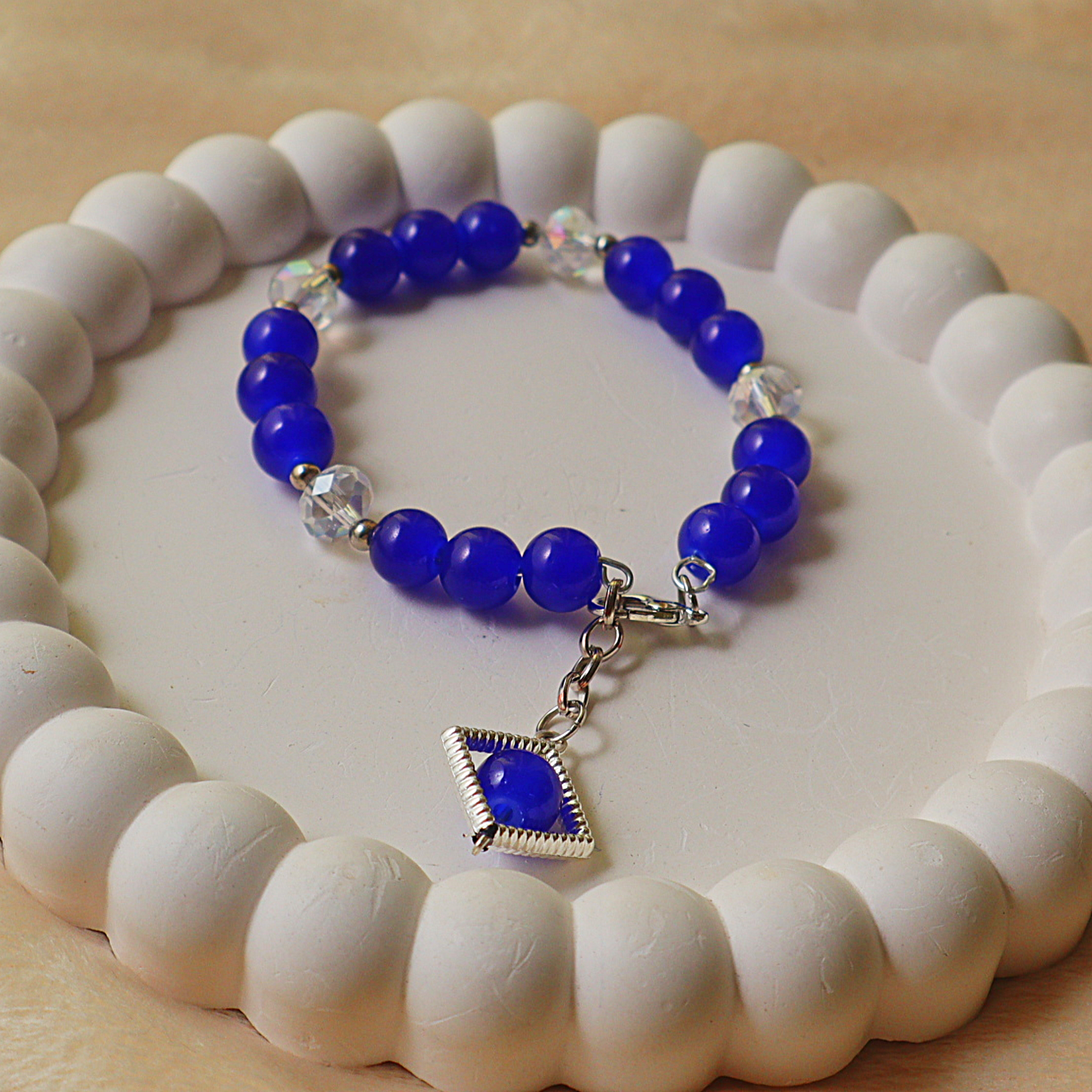 Blue Beaded Charm Bracelet – Royal Blue Glass Beads, Clear Crystal Accents & Silver Geometric Pendant