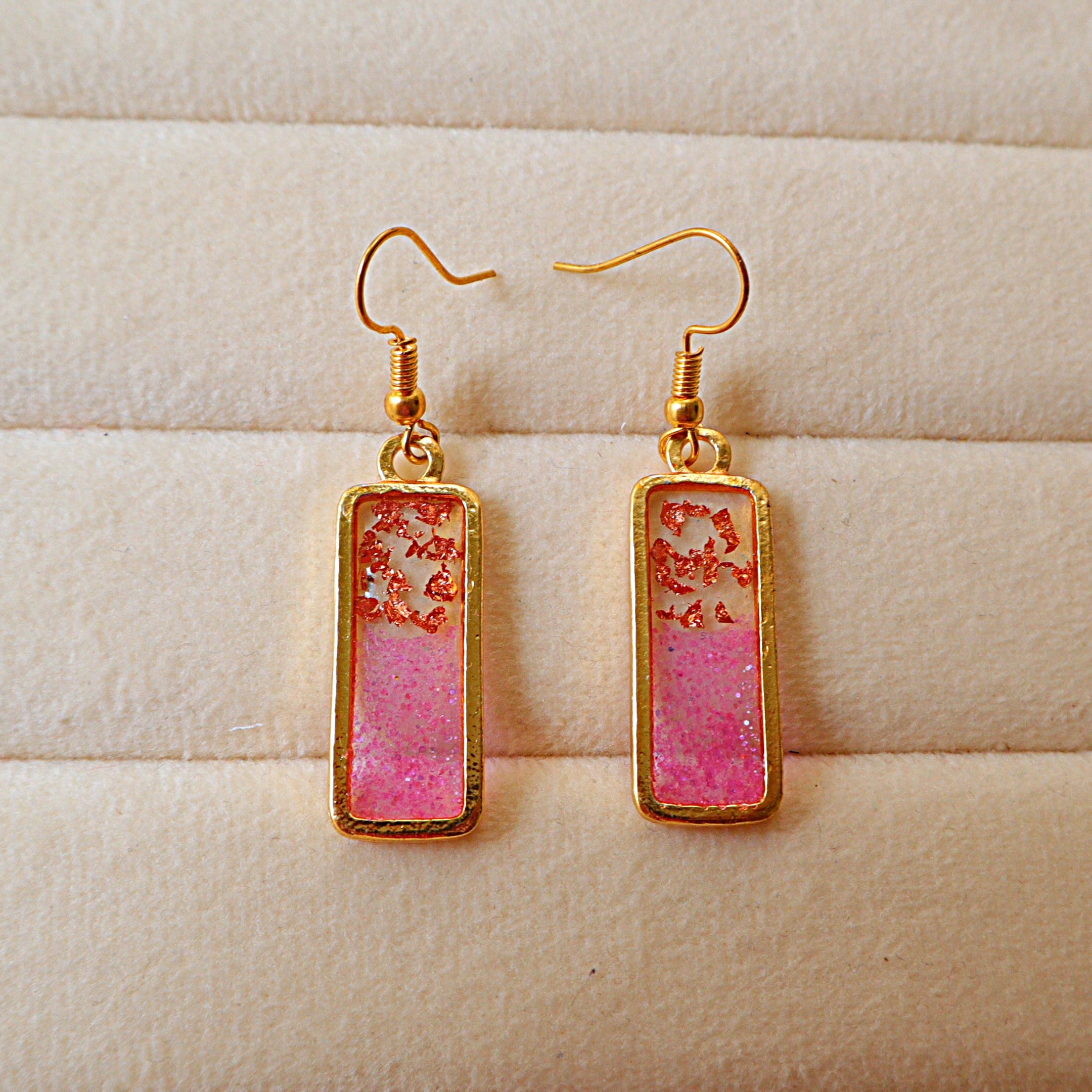 Glitter Pink & Rose Gold Foil Rectangular Resin Dangle Earrings | Handcrafted Gold Bezel Geometric Drop Earrings