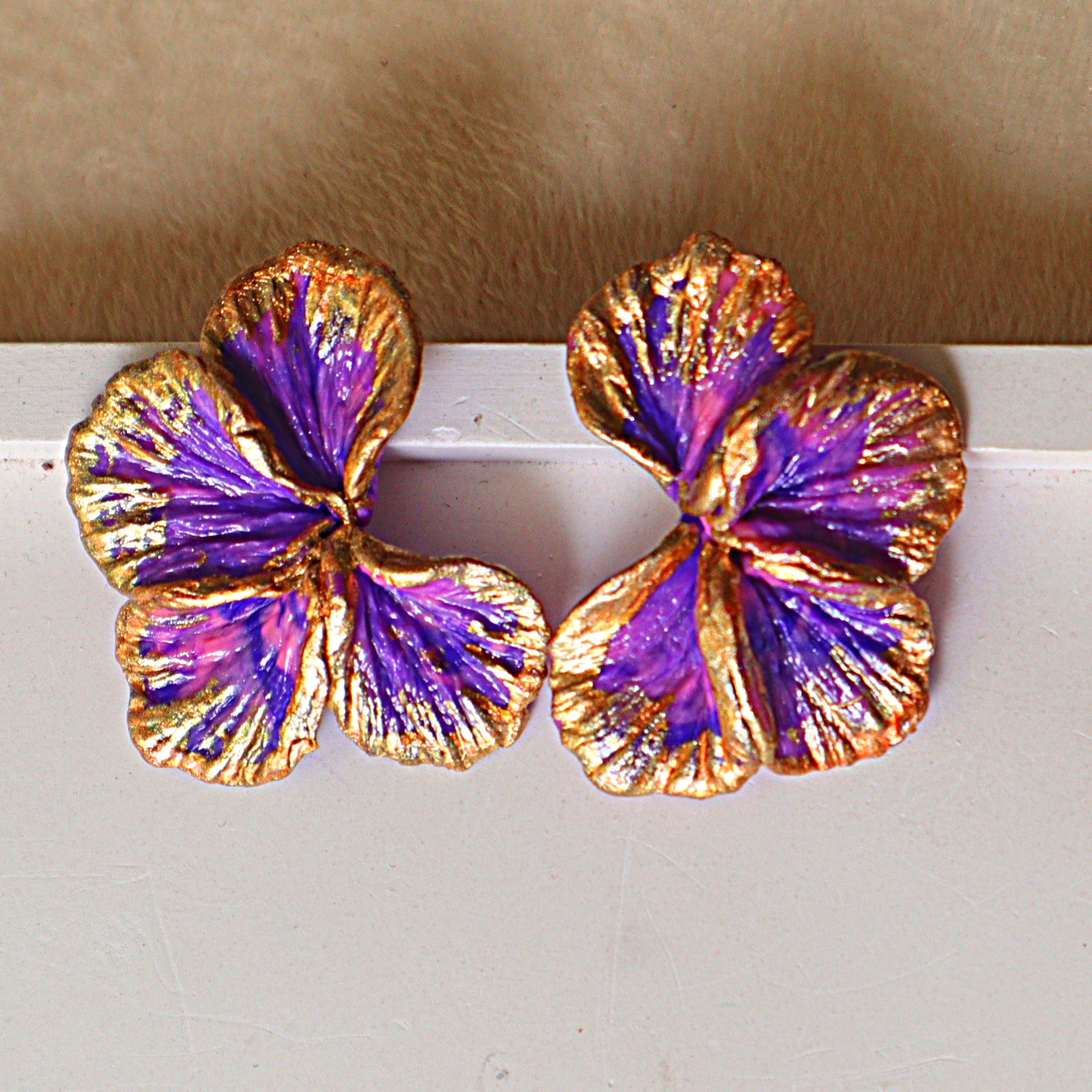 Handmade Gilded Purple Orchid Statement Stud Earrings | Sculpted Floral Clay Ear Studs