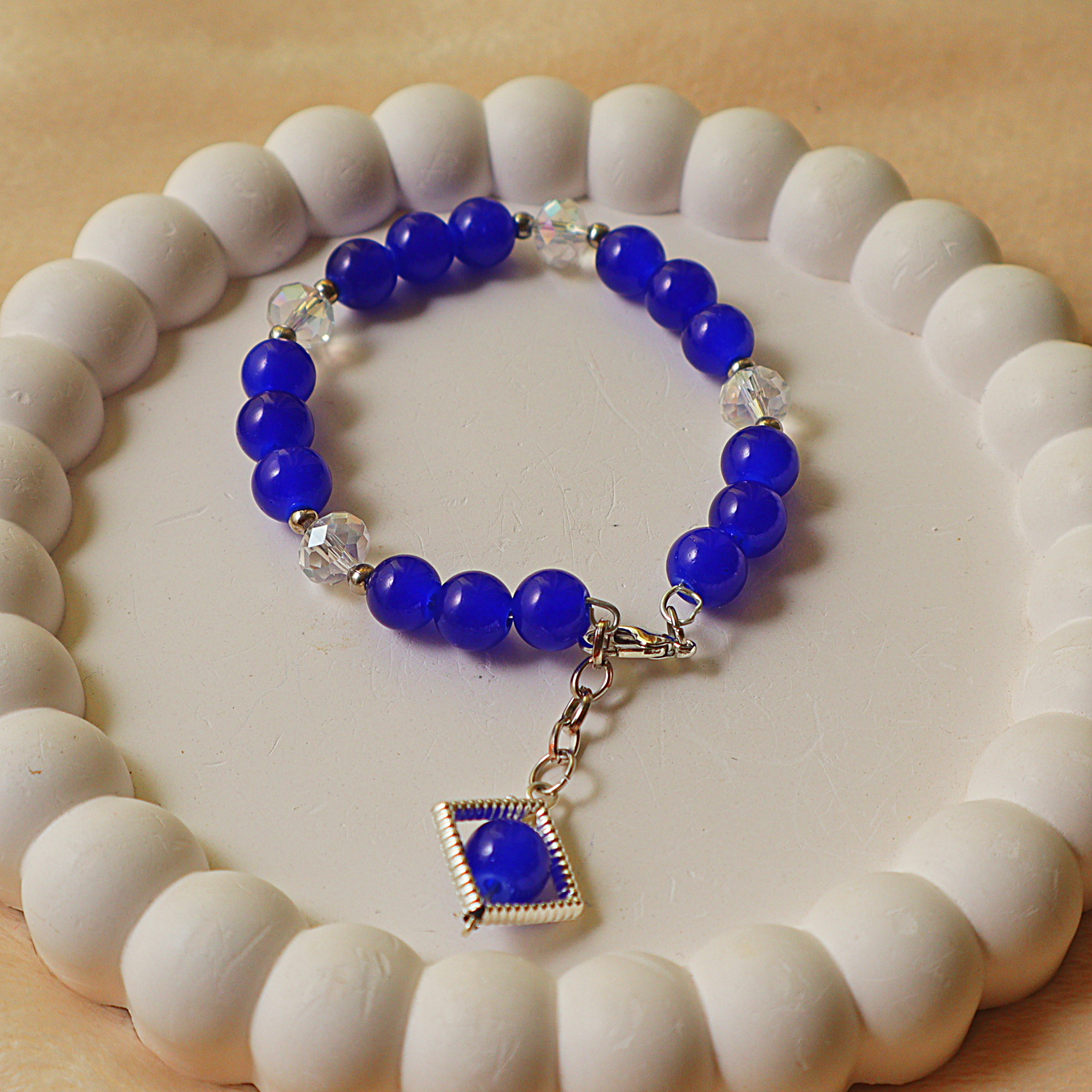 Blue Beaded Charm Bracelet – Royal Blue Glass Beads, Clear Crystal Accents & Silver Geometric Pendant
