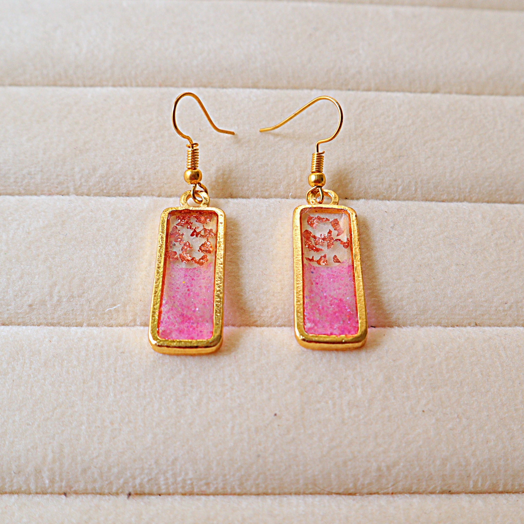 Glitter Pink & Rose Gold Foil Rectangular Resin Dangle Earrings | Handcrafted Gold Bezel Geometric Drop Earrings