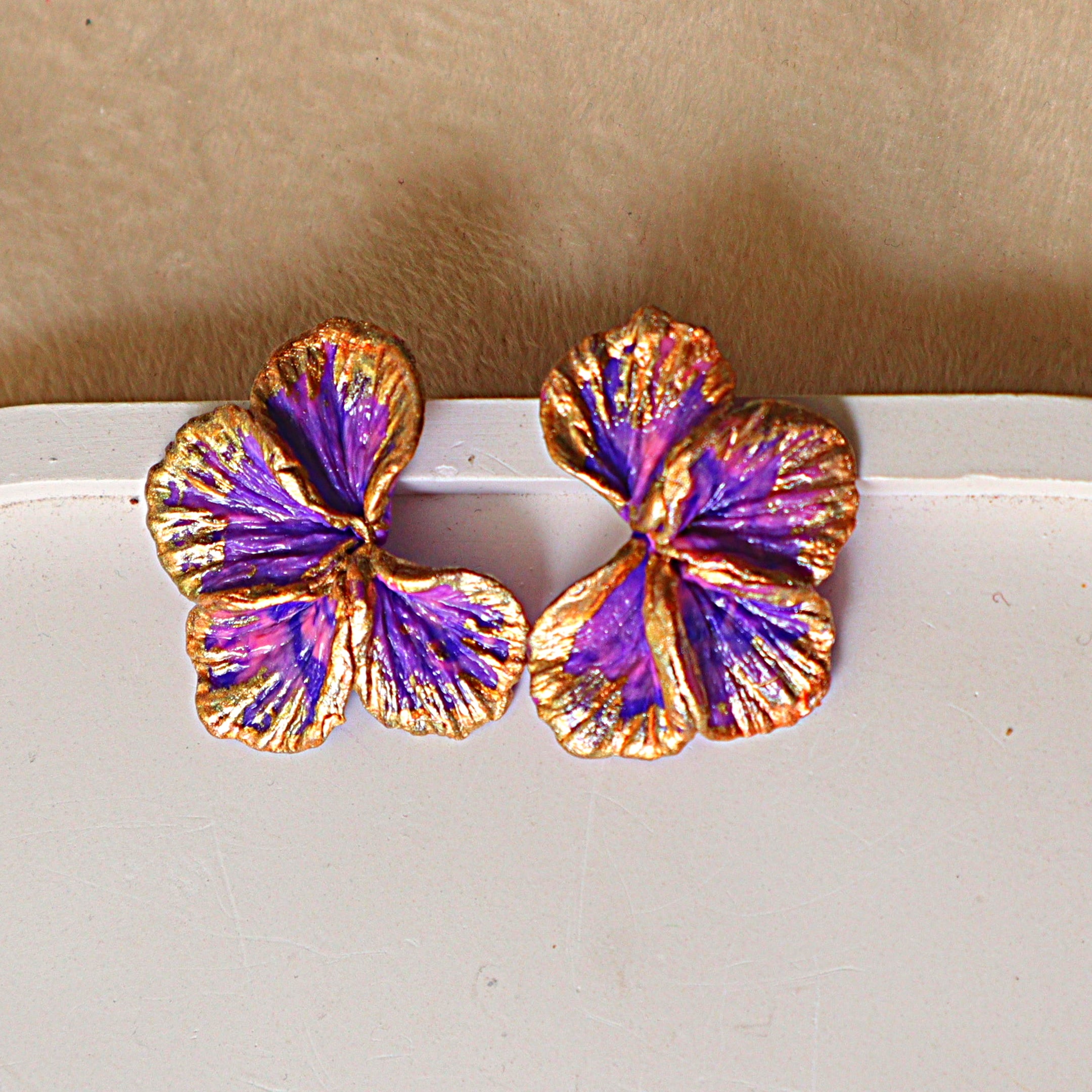 Handmade Gilded Purple Orchid Statement Stud Earrings | Sculpted Floral Clay Ear Studs