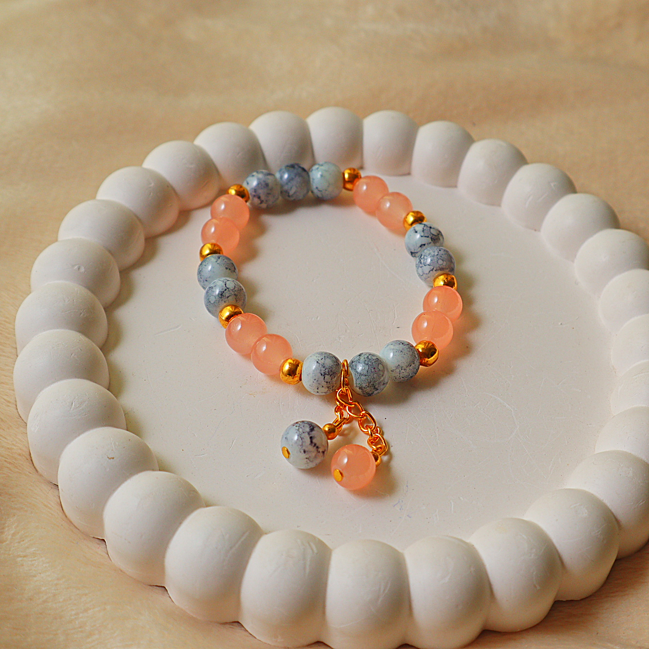 Peach & Blue Marble Beaded Charm Bracelet – Pastel Pink Glass Beads, Crackle Marble Beads & Gold Accents