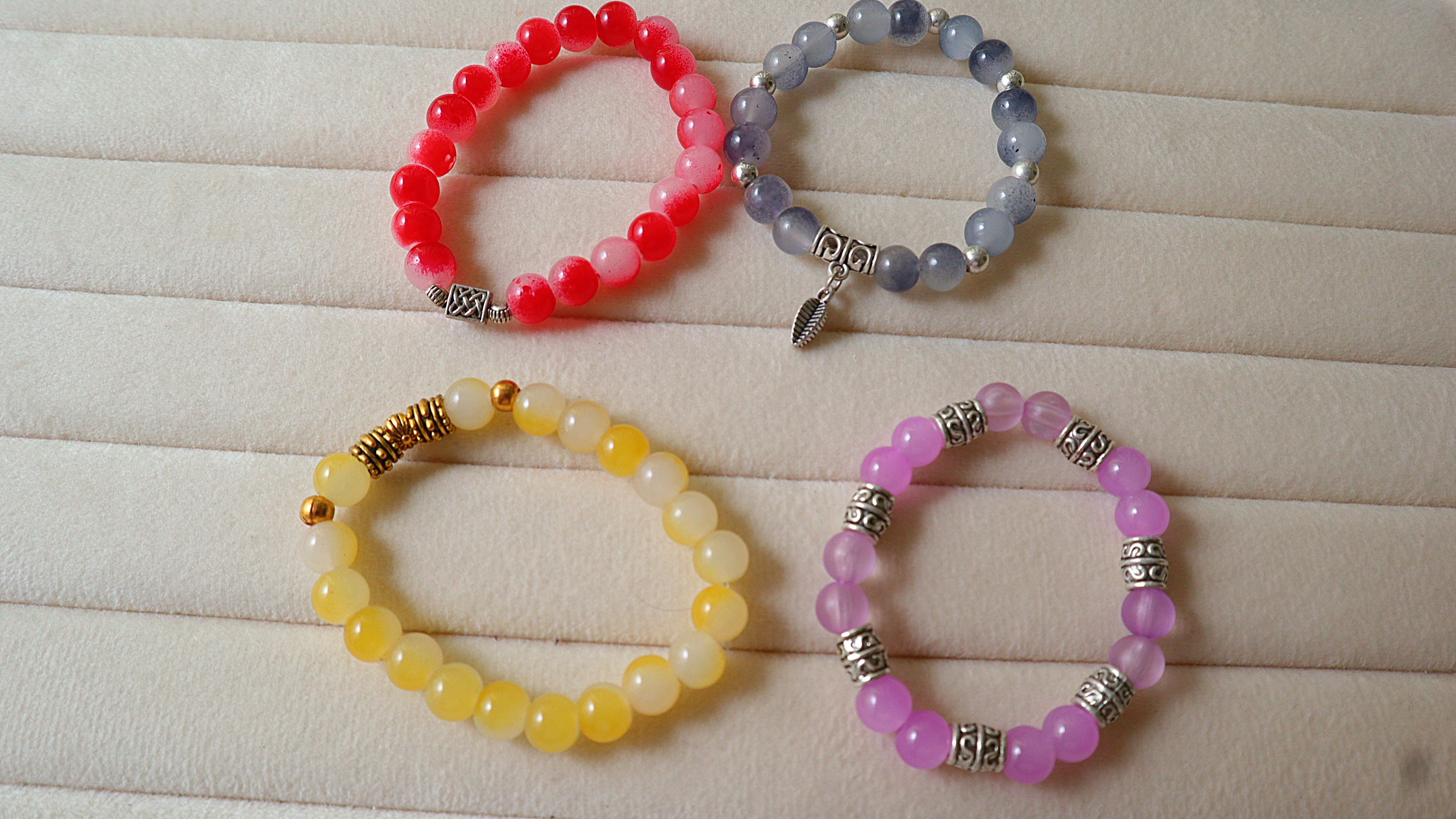 4-Pack Handmade Beaded Stretch Bracelets | Red Marbled, Smoky Blue, Honey Yellow & Lavender