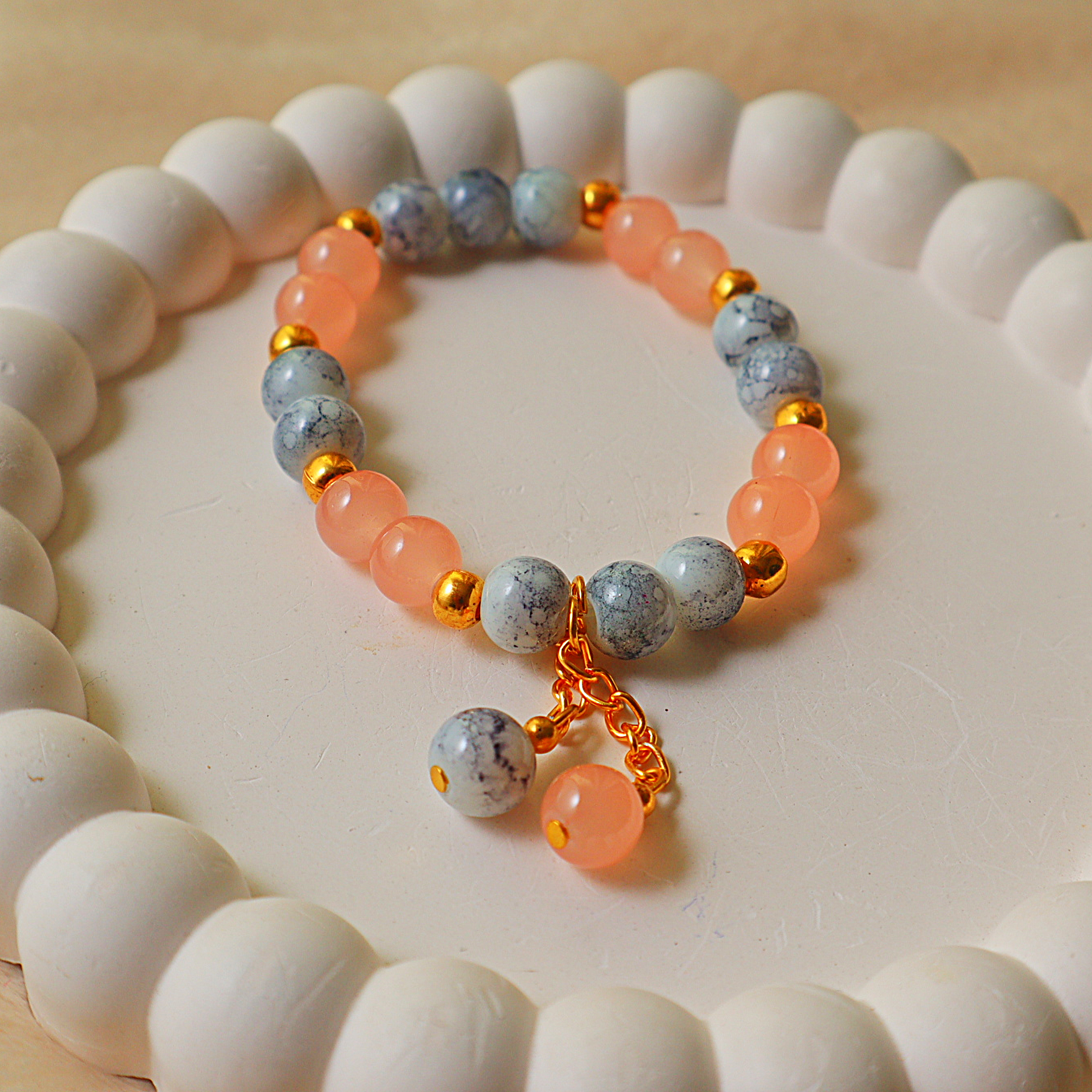 Peach & Blue Marble Beaded Charm Bracelet – Pastel Pink Glass Beads, Crackle Marble Beads & Gold Accents