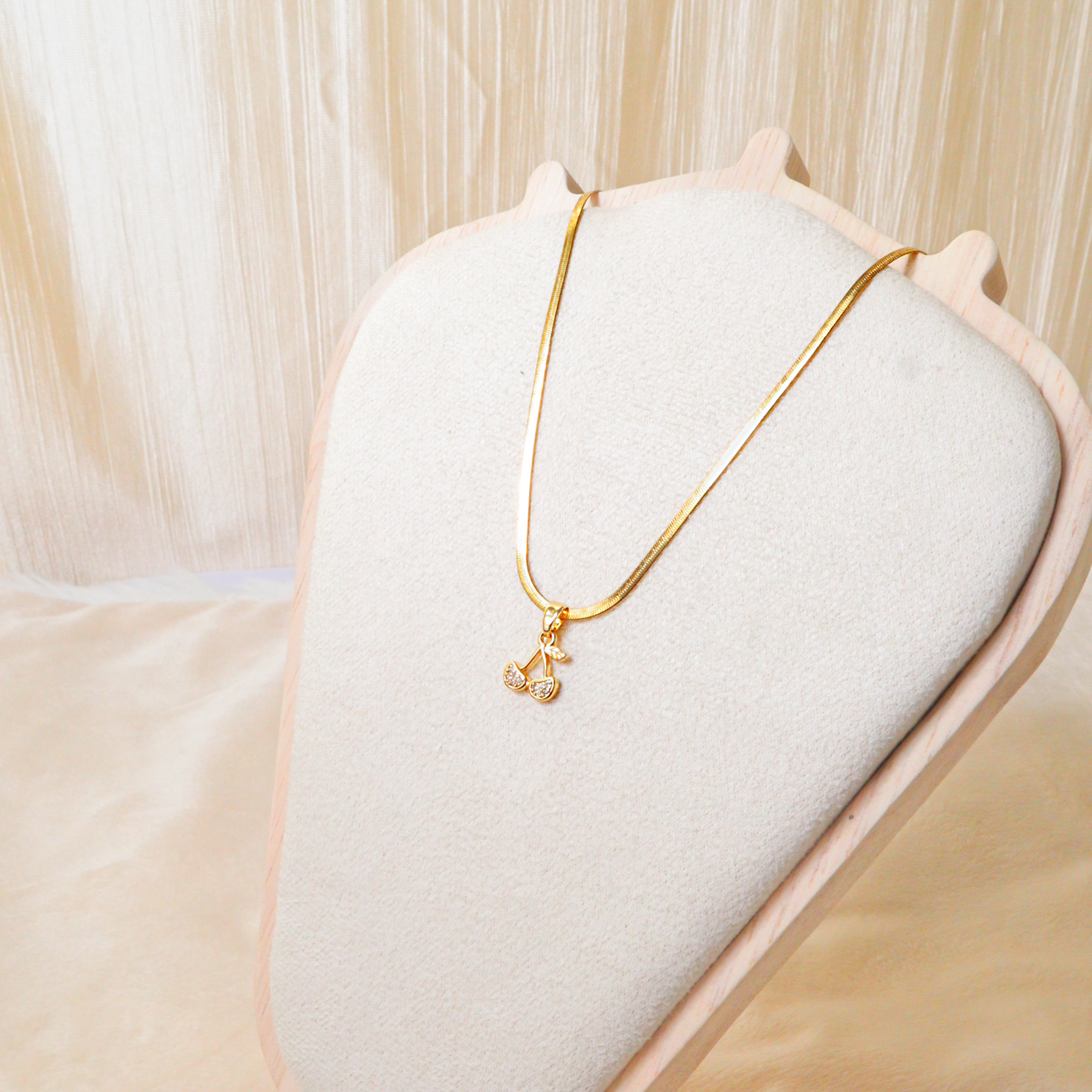 Dainty Gold Cherry Fruit Necklace – Tarnish-Free Sparkling Crystal Charm Jewelry