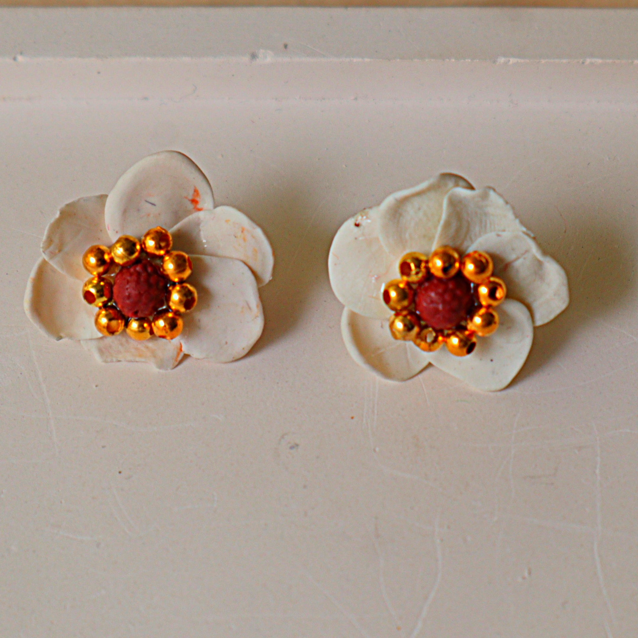 Handmade Ivory White Flower Stud Earrings | Sculpted Magnolia Clay Floral Studs with Gold Accent