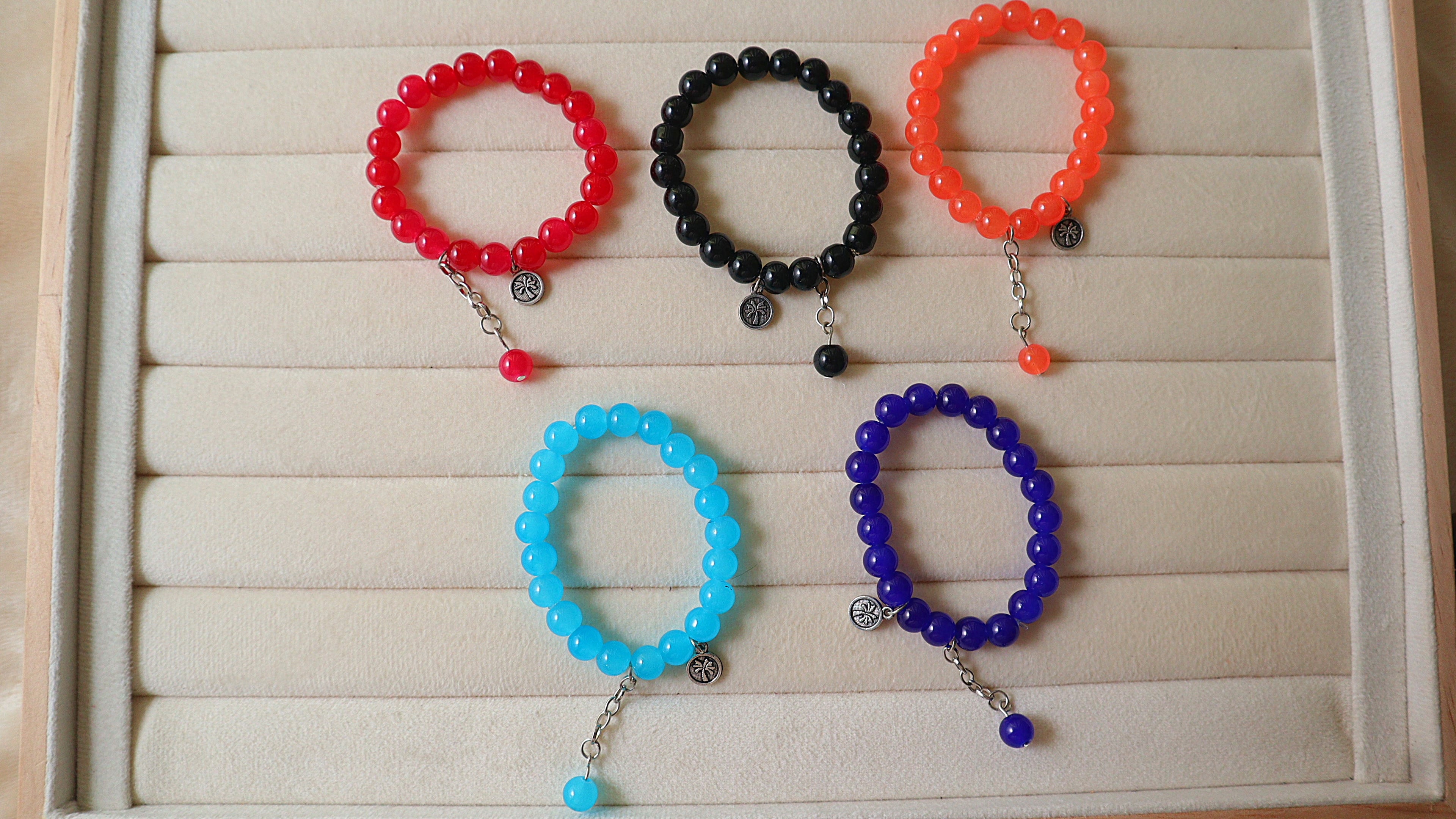 Handmade Vibrant Glass Bead Stretch Bracelet | Silver Palm Tree Charm & Chain Drop