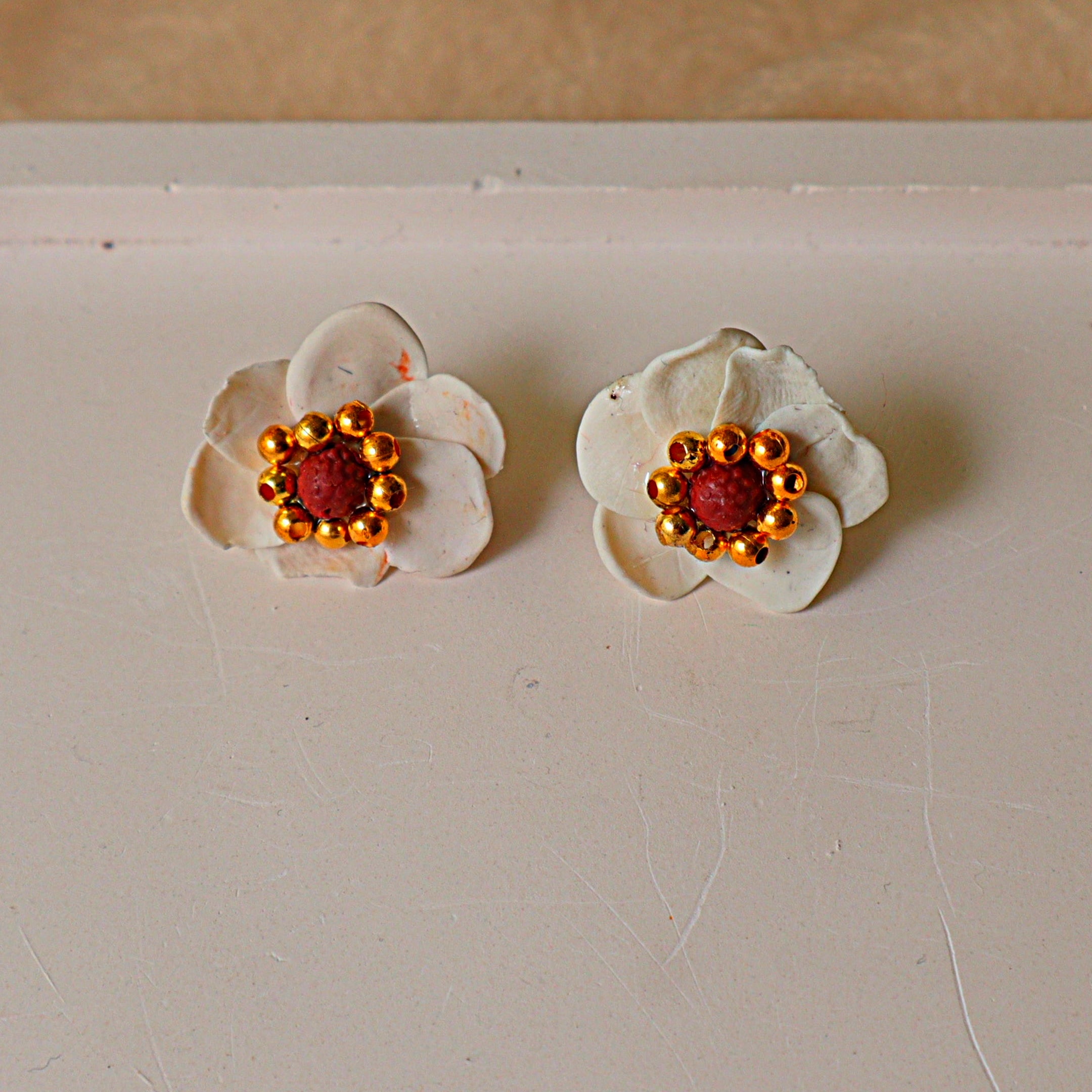 Handmade Ivory White Flower Stud Earrings | Sculpted Magnolia Clay Floral Studs with Gold Accent