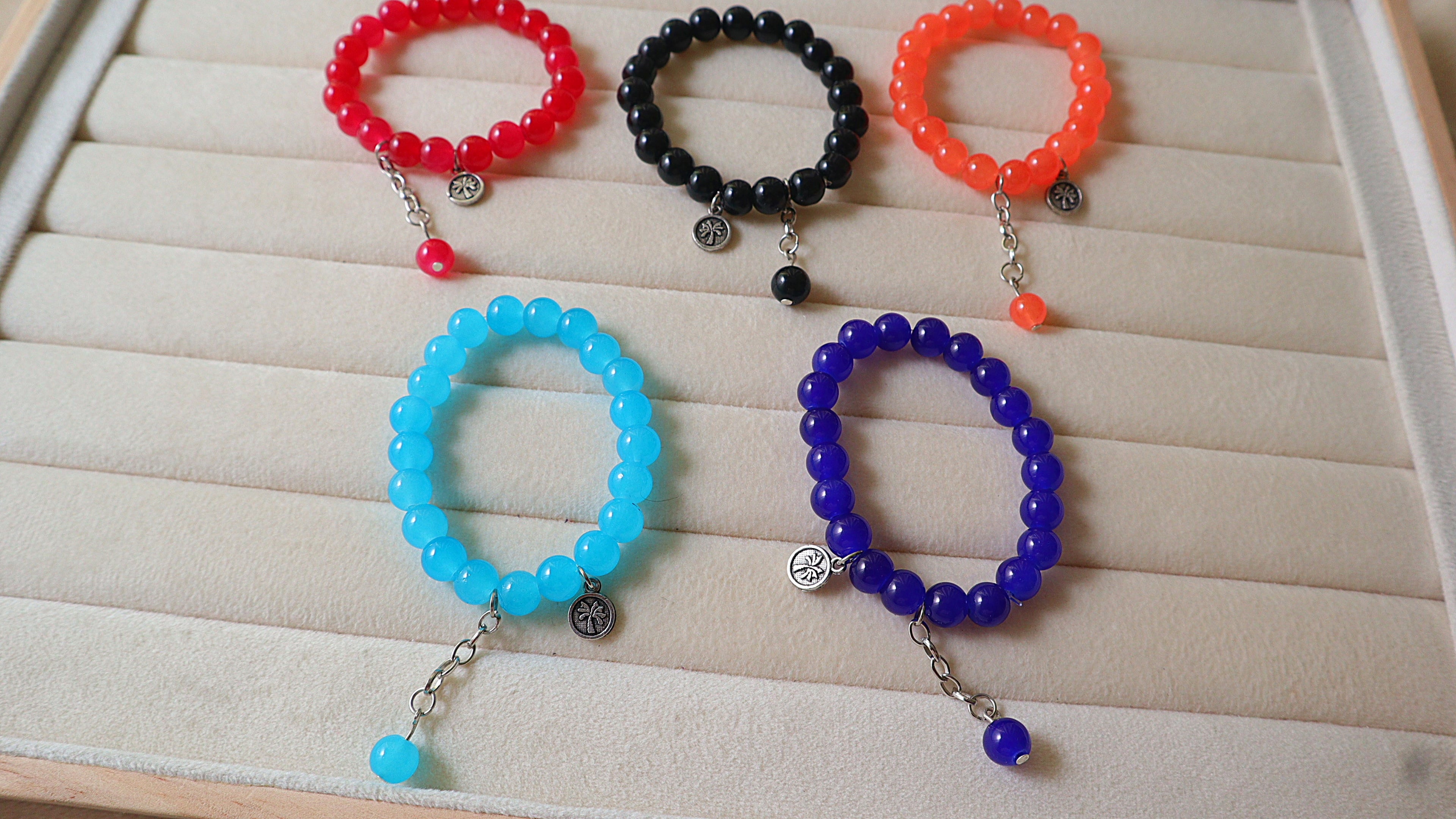 Handmade Vibrant Glass Bead Stretch Bracelet | Silver Palm Tree Charm & Chain Drop