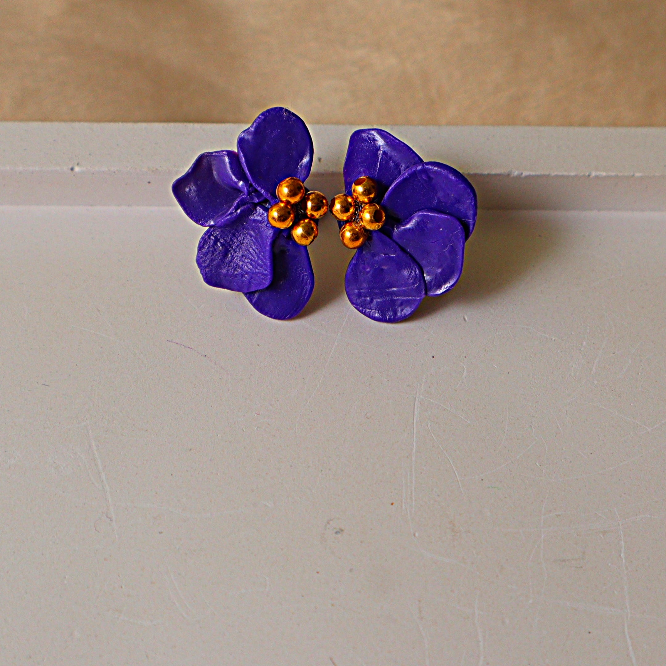Handmade Royal Purple Flower Stud Earrings | Sculpted Hydrangea Clay Studs with Gold Beading