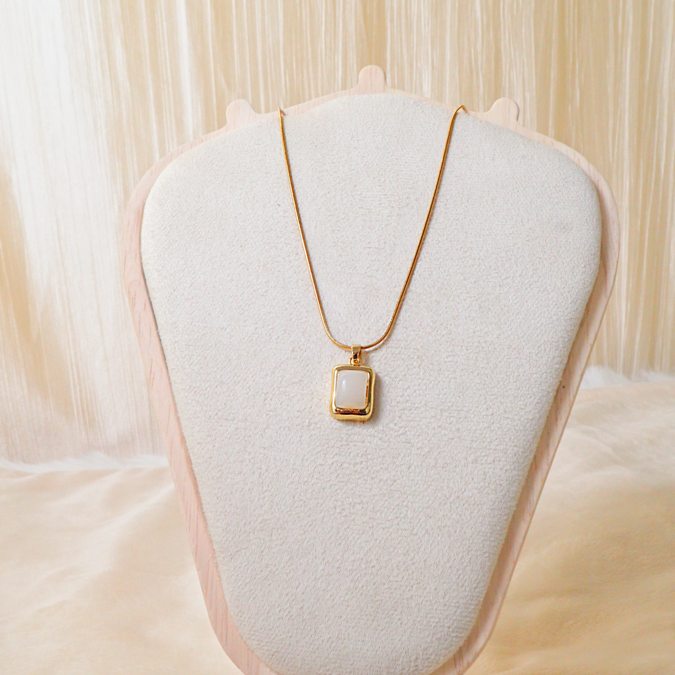 18K Gold Plated White Jade Rectangular Pendant Necklace – Anti-Tarnish Snake Chain