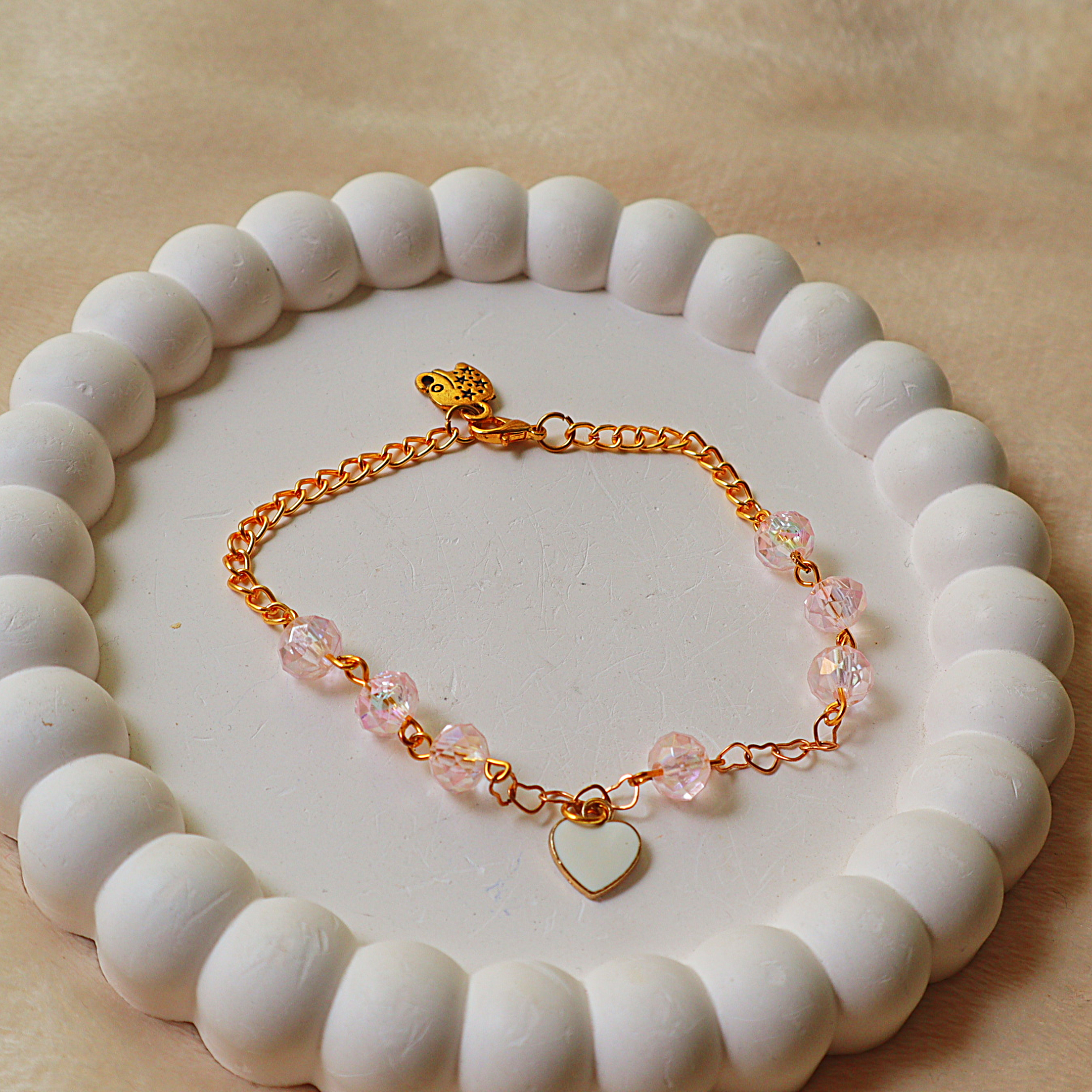 Iridescent Crystal & Enamel Heart Charm Bracelet – Gold Link Chain with Pink Aurora Crystal Beads
