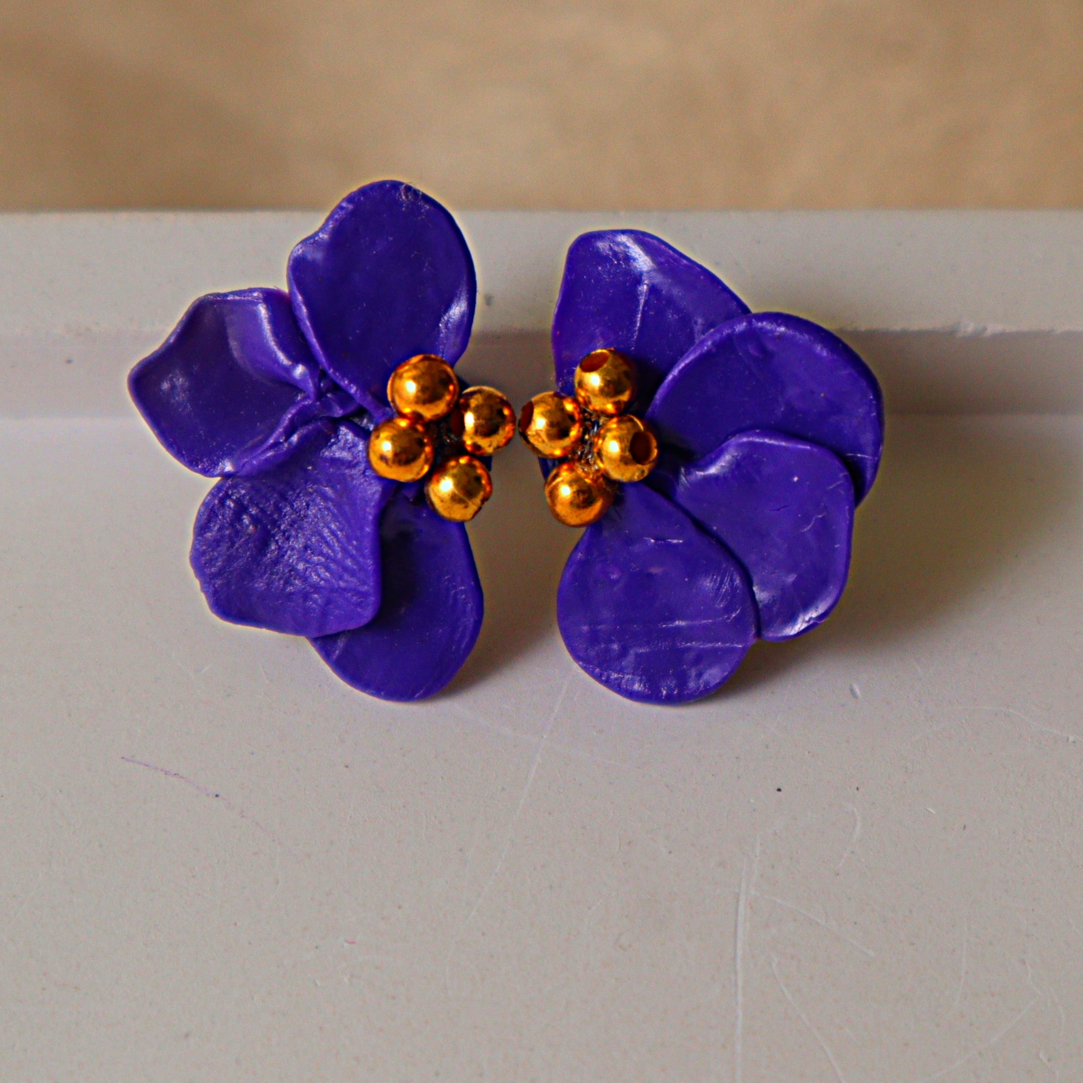 Handmade Royal Purple Flower Stud Earrings | Sculpted Hydrangea Clay Studs with Gold Beading