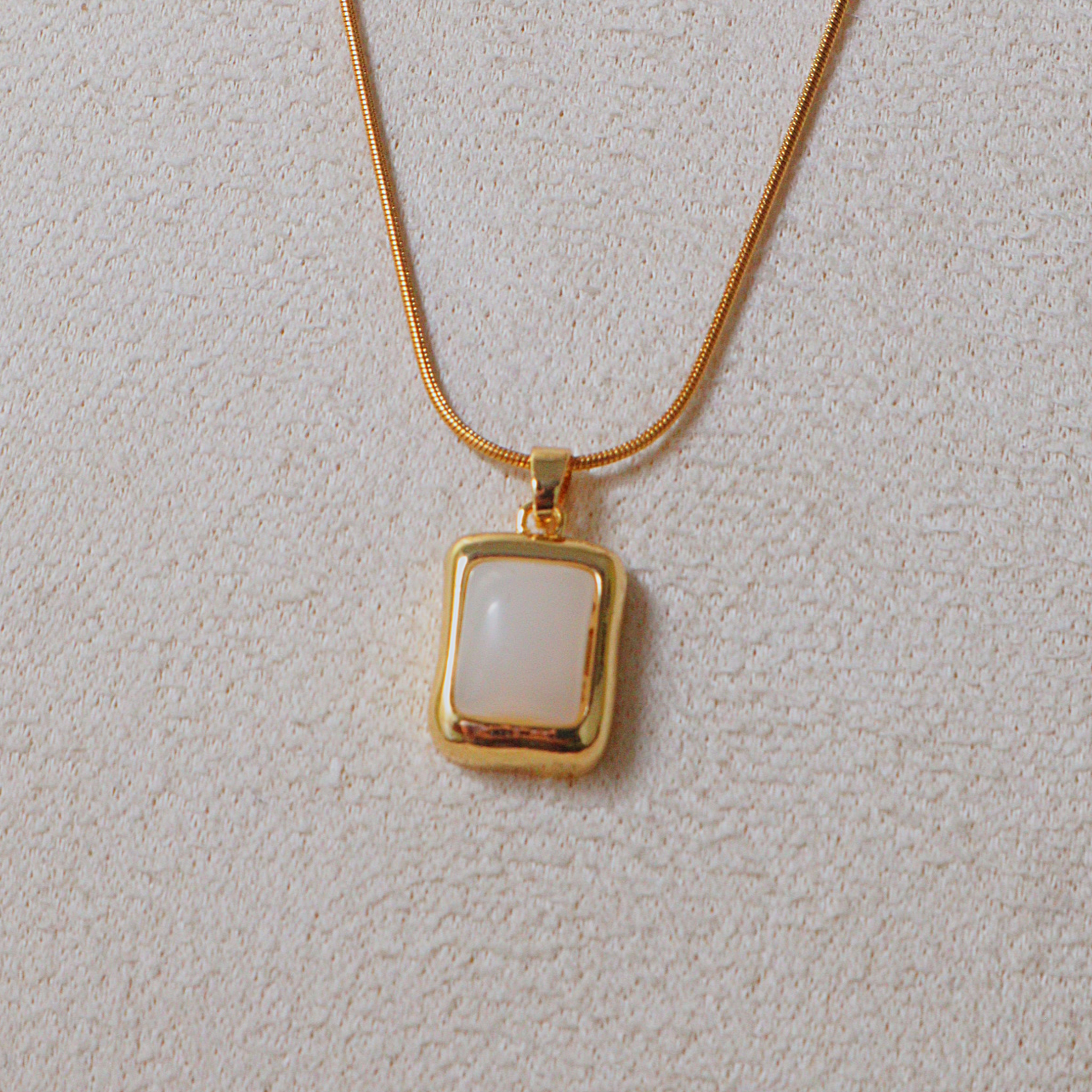 18K Gold Plated White Jade Rectangular Pendant Necklace – Anti-Tarnish Snake Chain