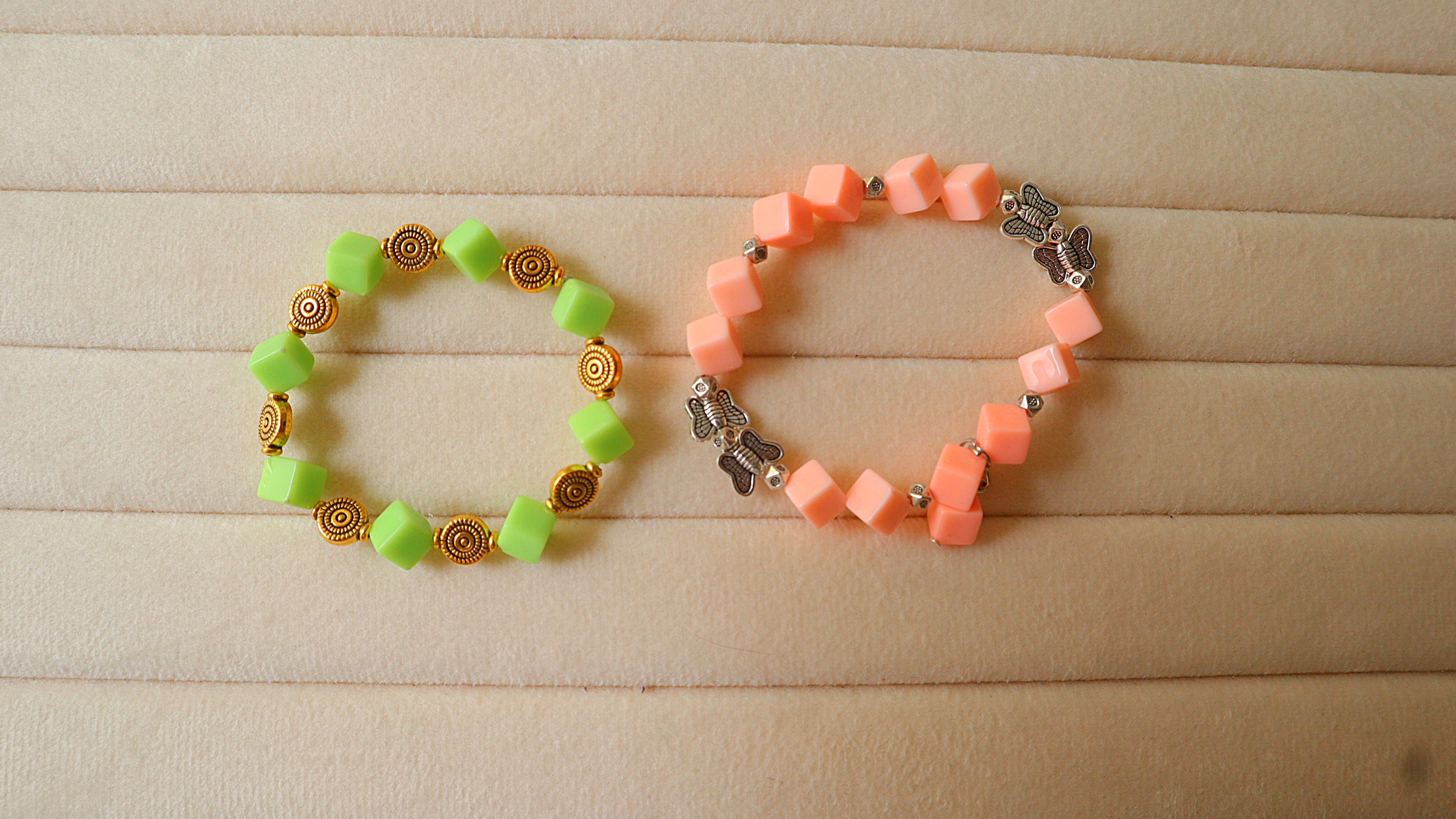2-Pack Handmade Geometric Cube Bead Bracelets | Lime Green & Pastel Peach Pink