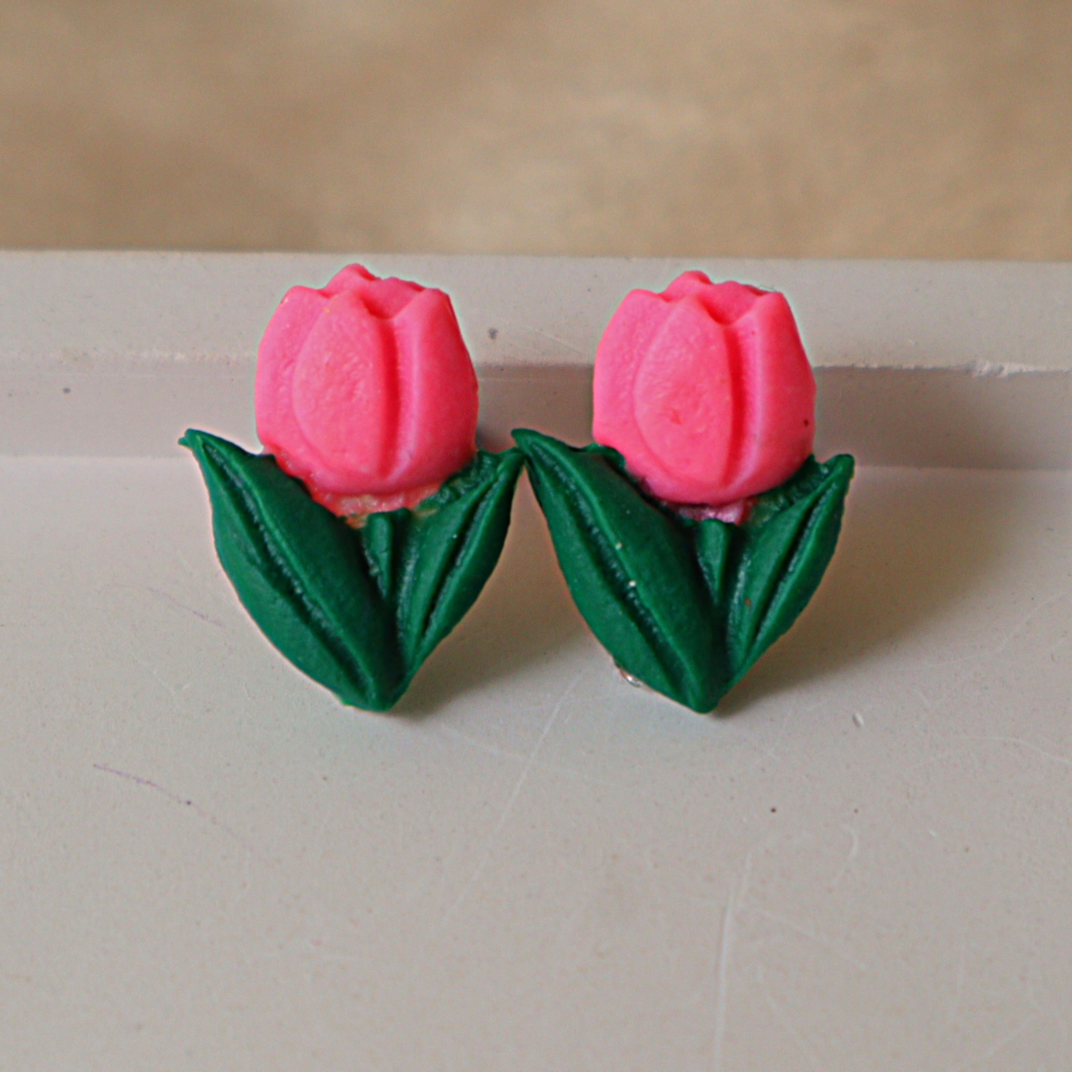 Handmade Pink Tulip Stud Earrings | Dainty Polymer Clay Floral Ear Studs