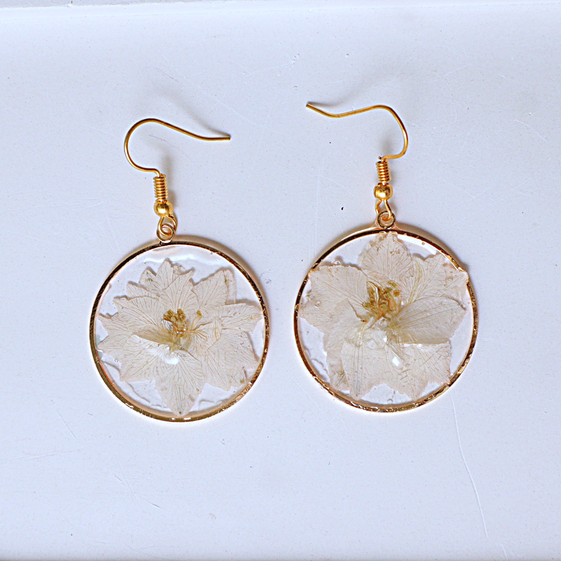 Real Pressed White Delphinium Flower Resin Dangle Earrings | Handcrafted Gold Bezel Botanical Drop Earrings