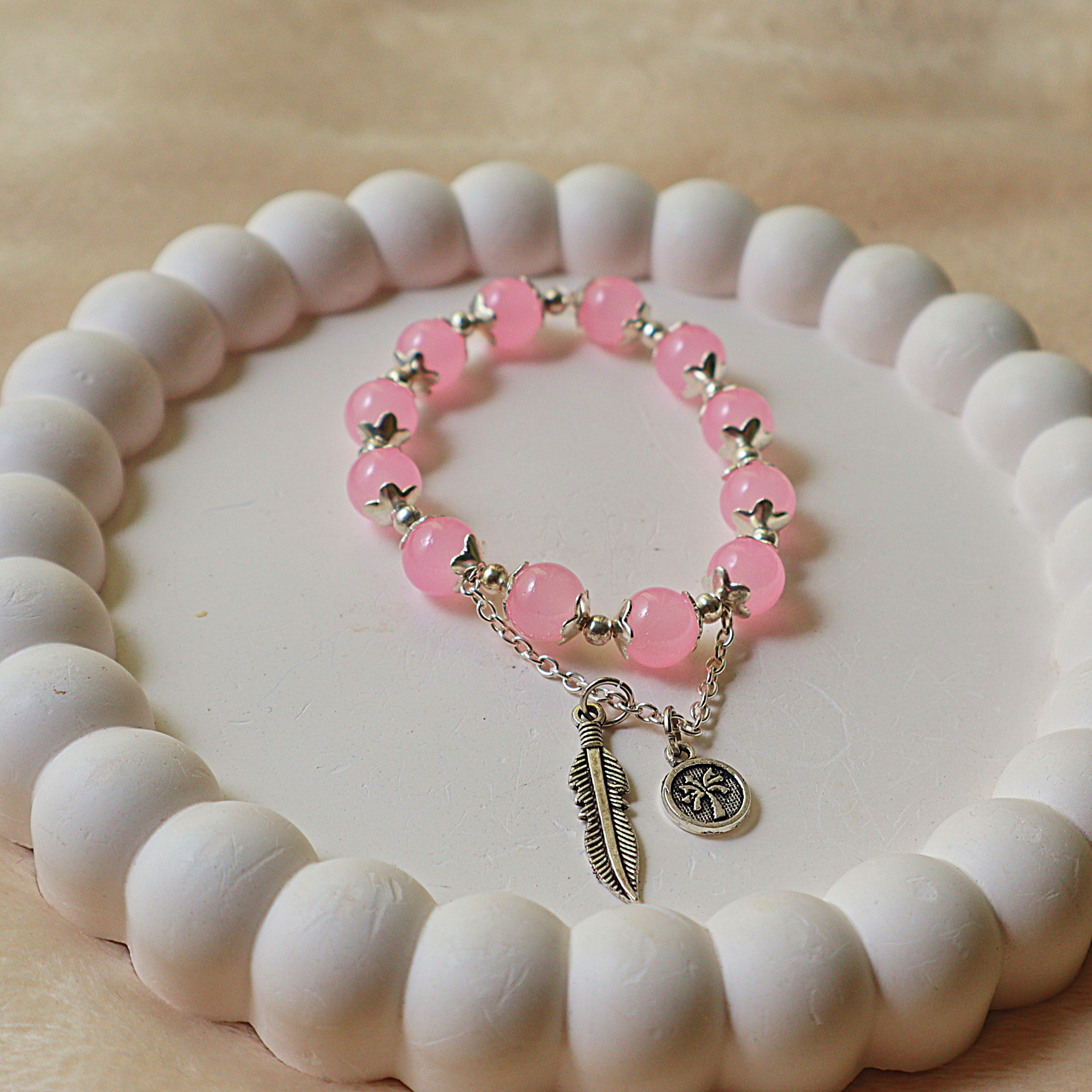 Rose Quartz Pink Glass Beaded Charm Bracelet