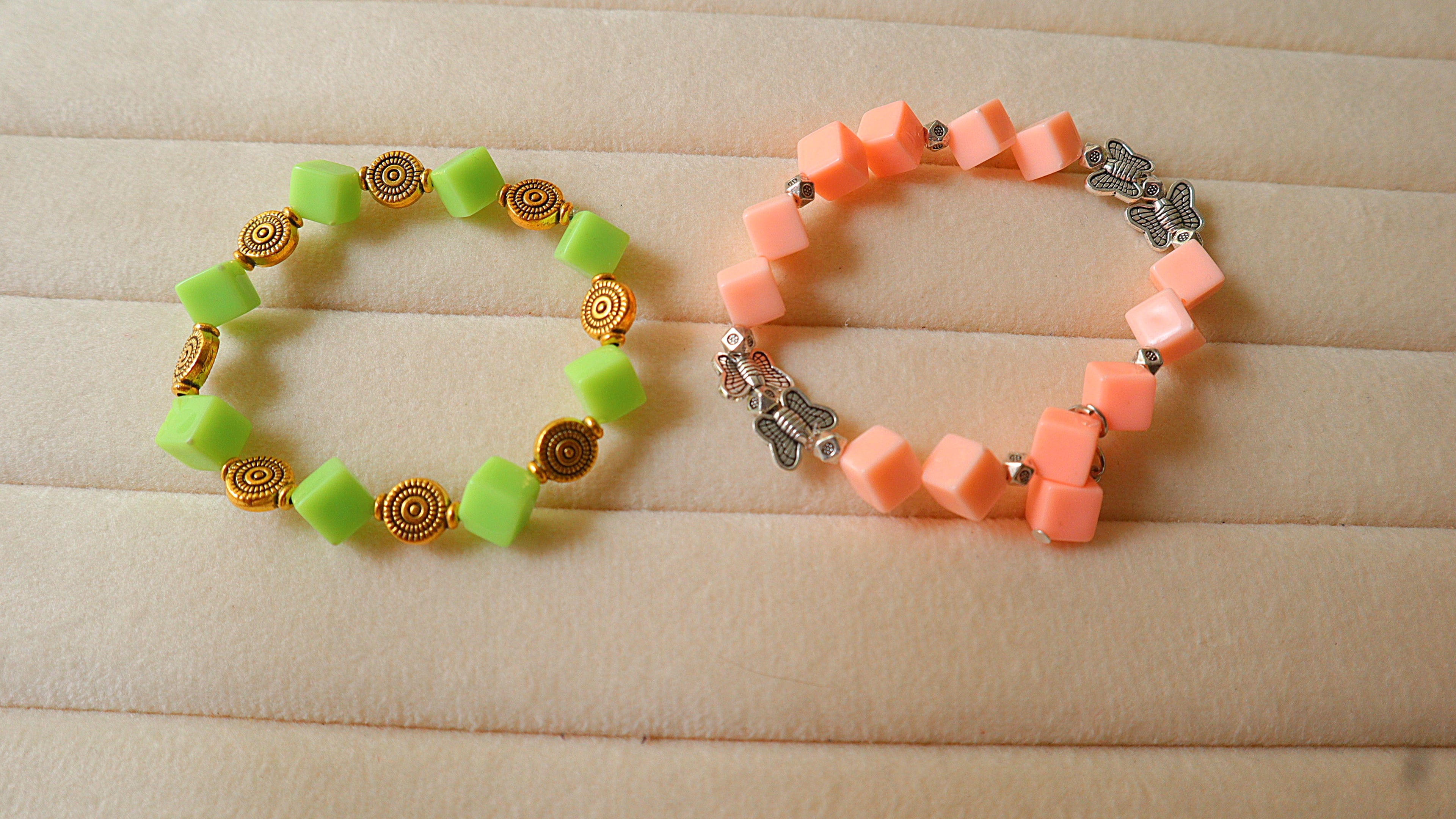 2-Pack Handmade Geometric Cube Bead Bracelets | Lime Green & Pastel Peach Pink