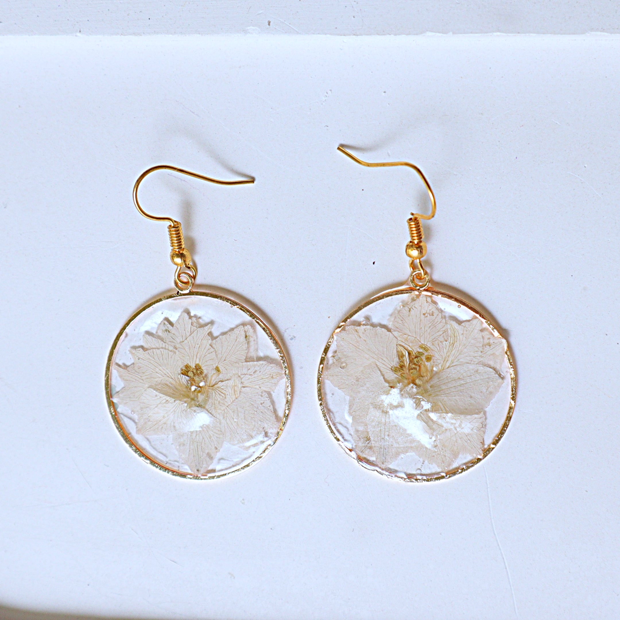 Real Pressed White Delphinium Flower Resin Dangle Earrings | Handcrafted Gold Bezel Botanical Drop Earrings