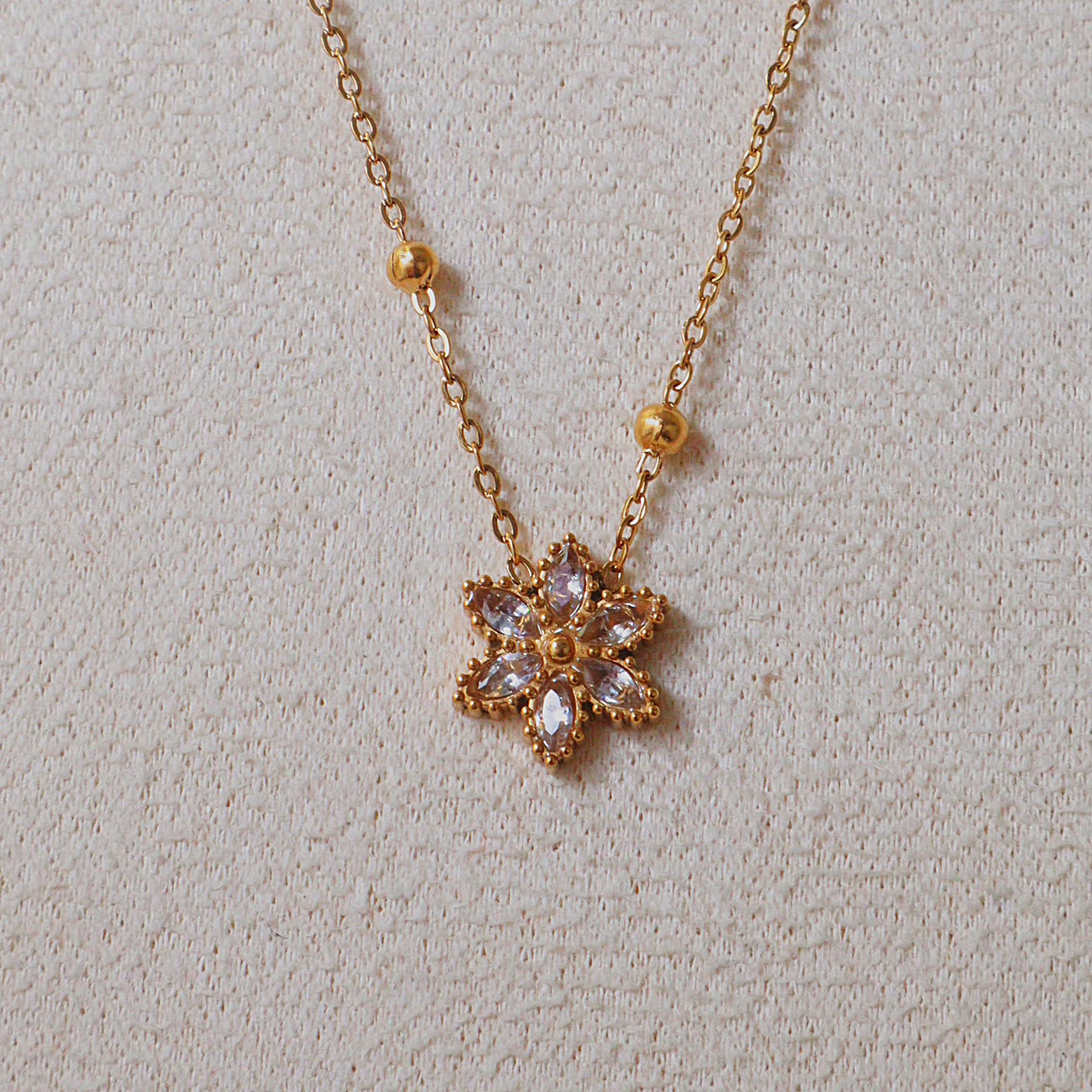 Gold Zirconia Floral Starburst Necklace – Anti-Tarnish Dainty Flower Chain