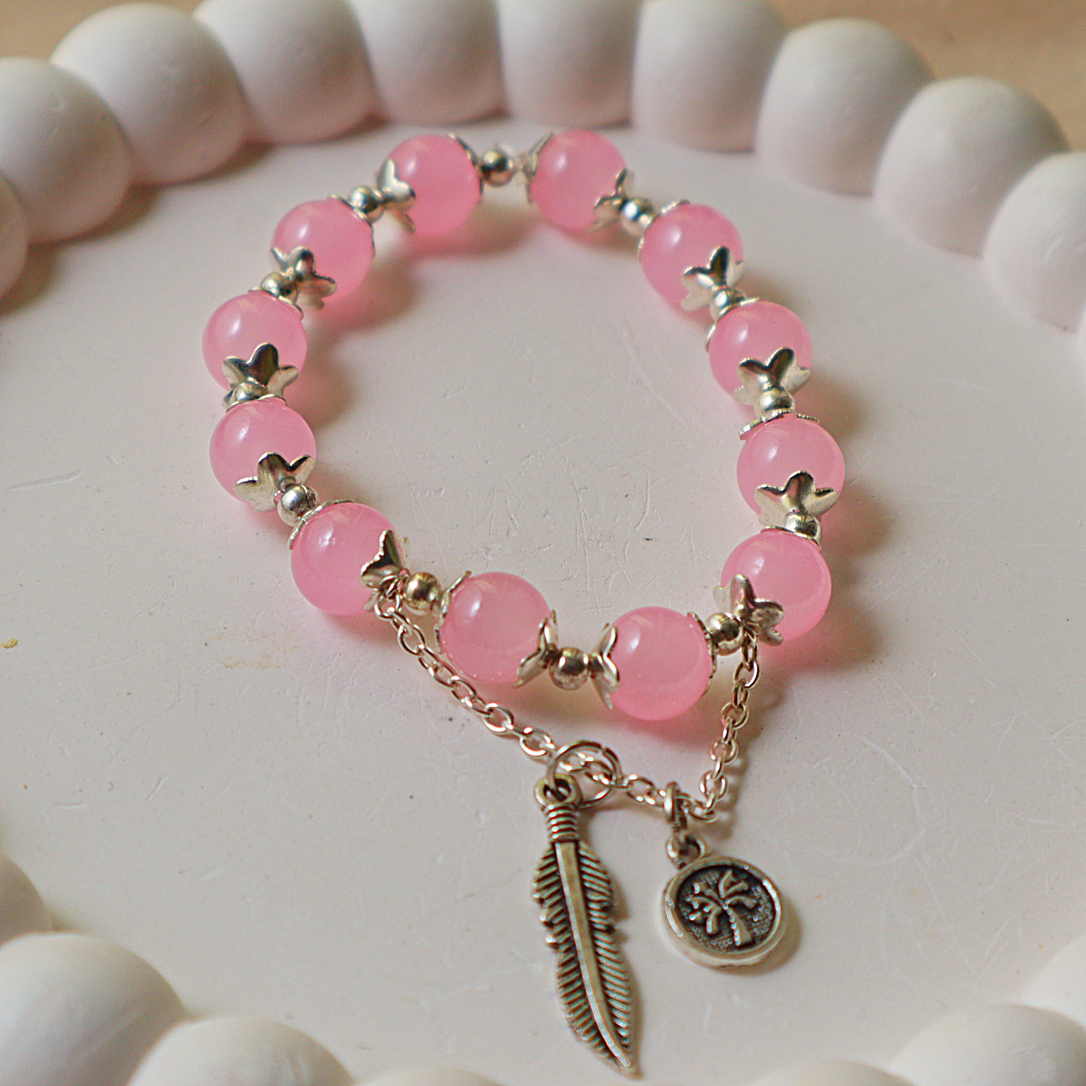 Rose Quartz Pink Glass Beaded Charm Bracelet