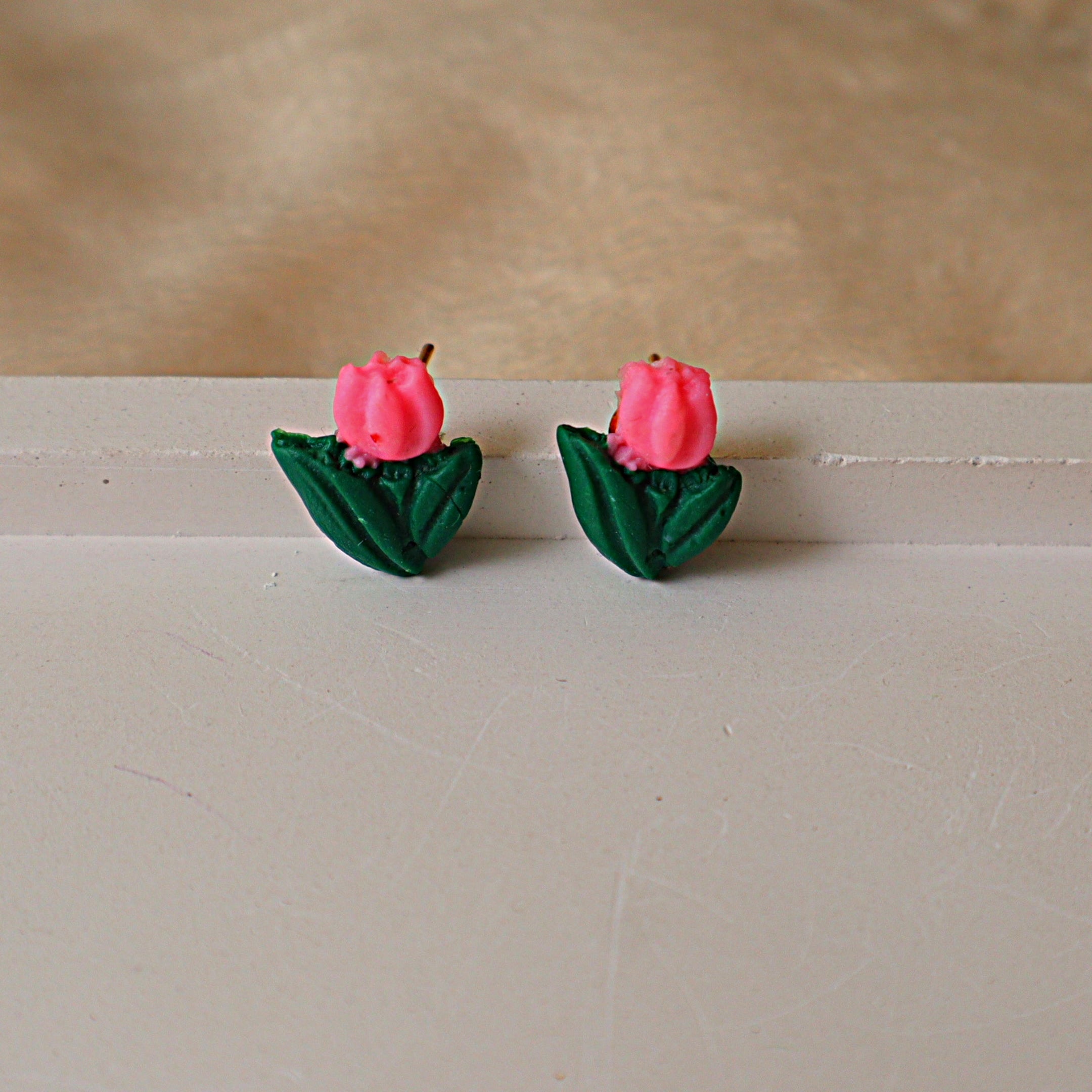 Handmade Pink Tulip Stud Earrings | Dainty Polymer Clay Floral Ear Studs