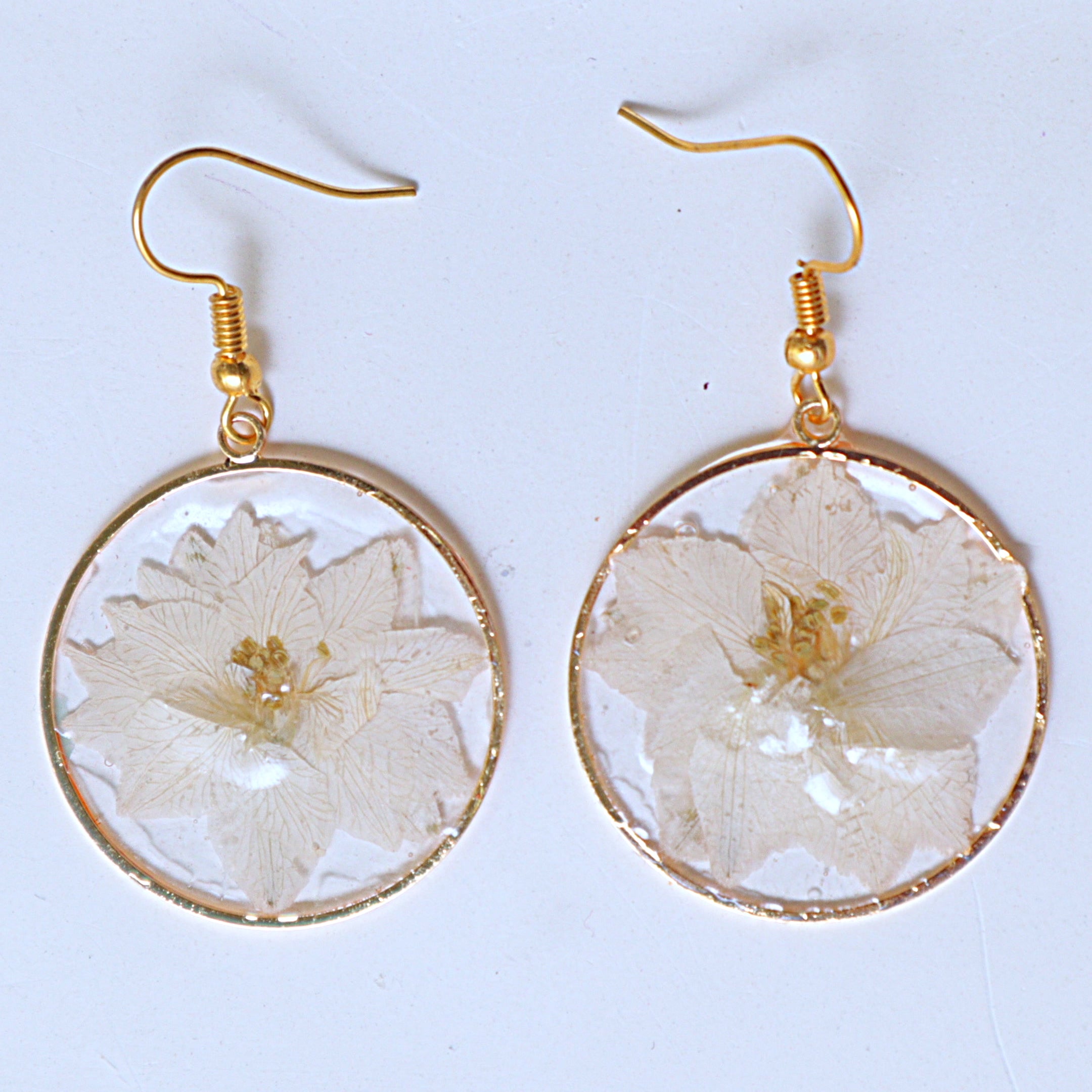 Real Pressed White Delphinium Flower Resin Dangle Earrings | Handcrafted Gold Bezel Botanical Drop Earrings