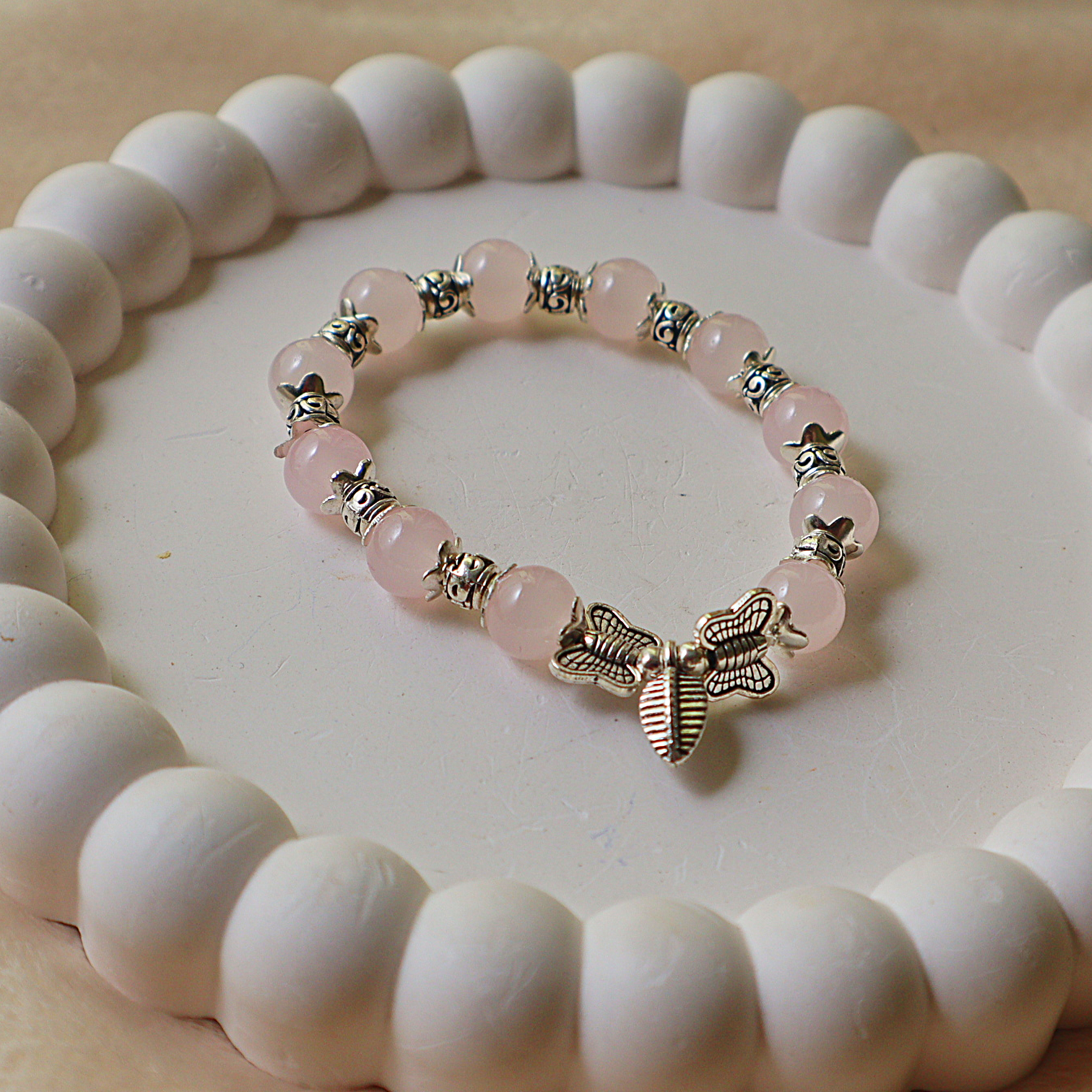 Rose Quartz Pink Beaded Butterfly Bracelet