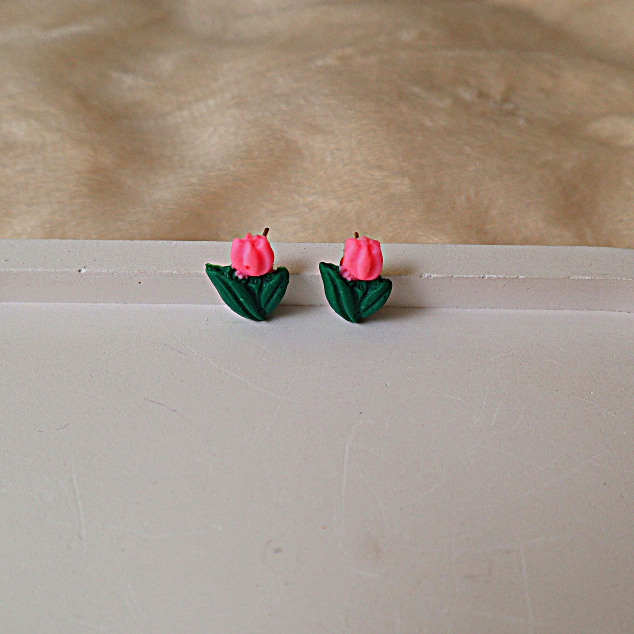 Handmade Pink Tulip Stud Earrings | Dainty Polymer Clay Floral Ear Studs