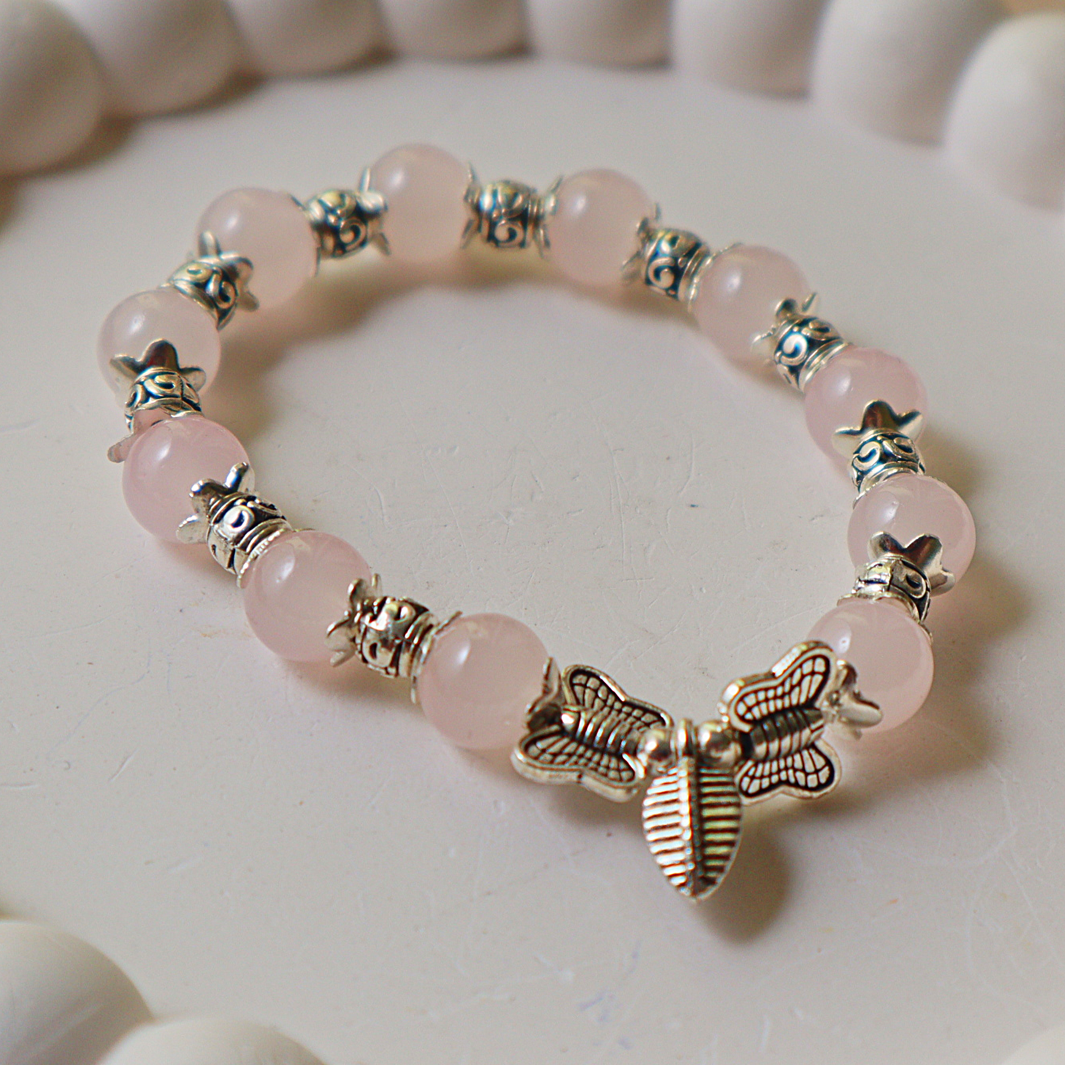 Rose Quartz Pink Beaded Butterfly Bracelet