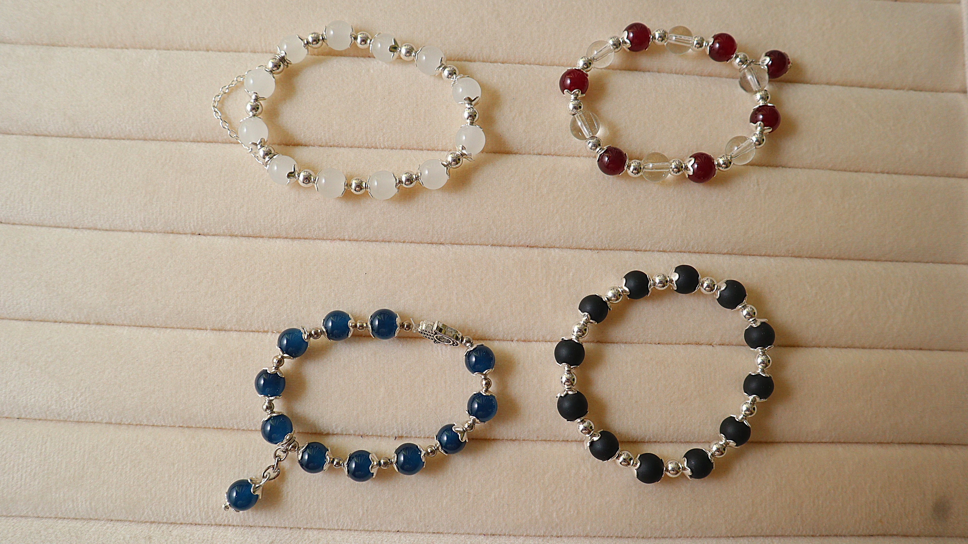 Handmade 4-Piece Gemstone & Glass Bead Bracelet Set | Opalite, Garnet, Teal Agate & Matte Onyx