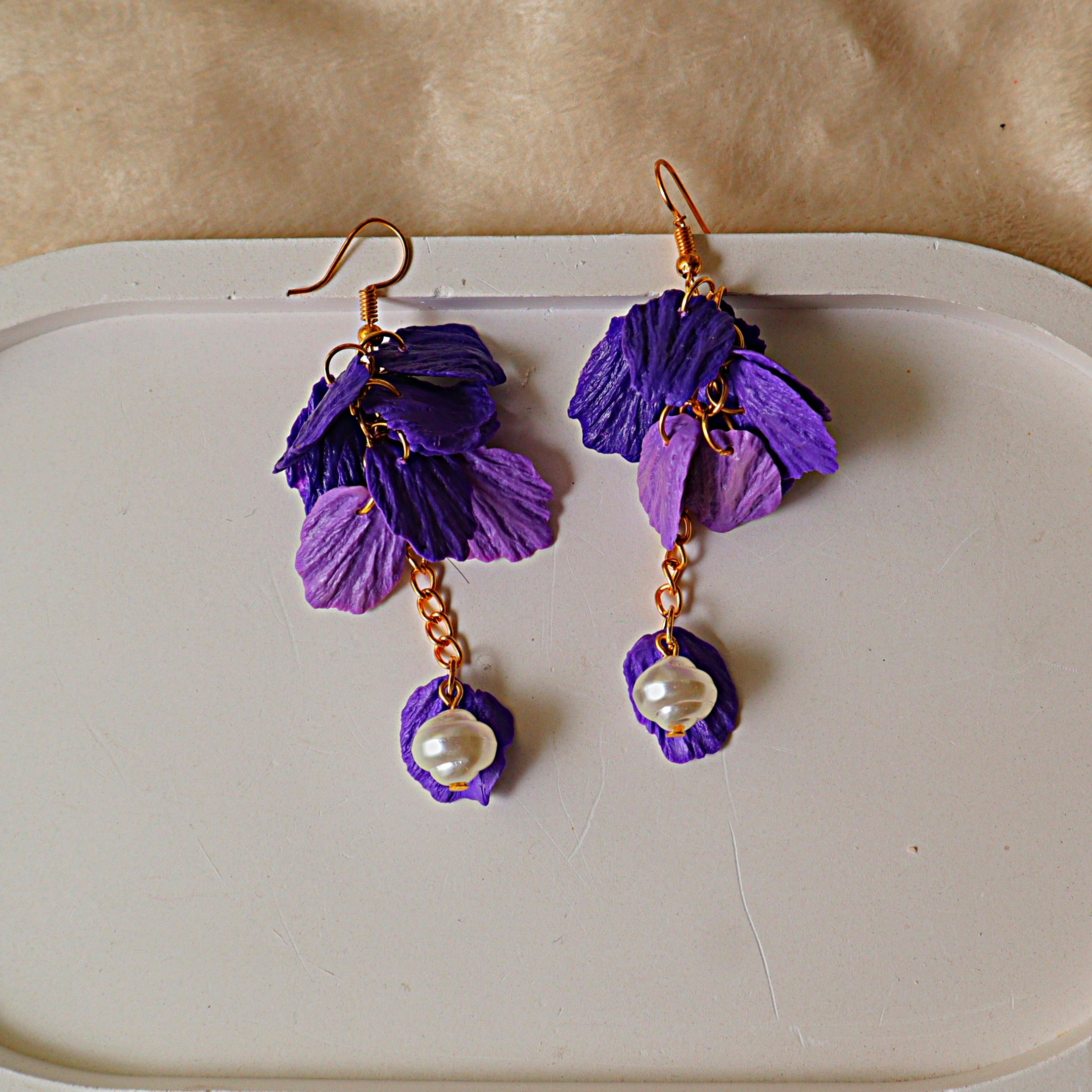 Handmade Cascading Purple Petal Dangle Earrings | Wisteria Floral Clay Drop Earrings with Pearl