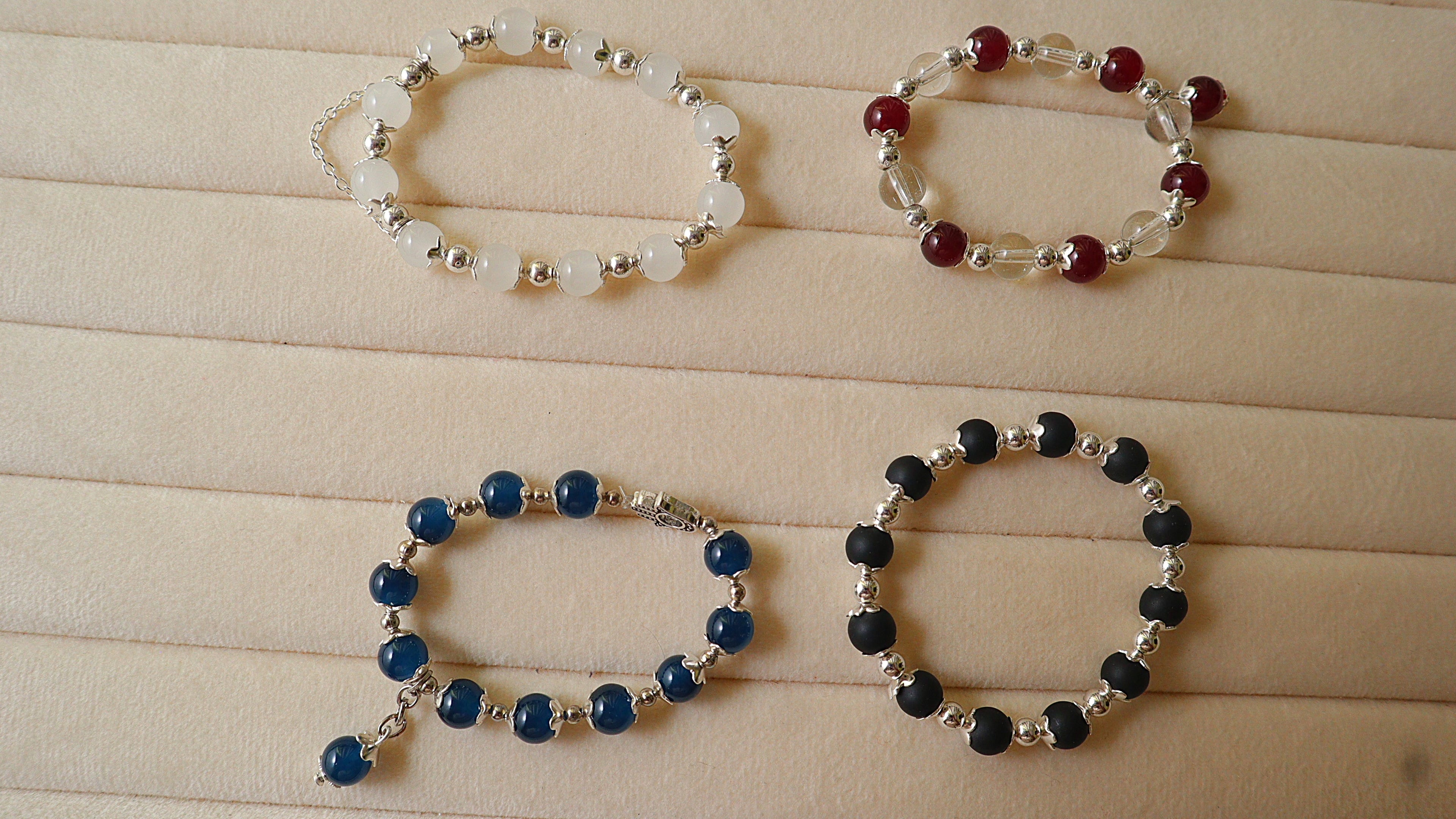 Handmade 4-Piece Gemstone & Glass Bead Bracelet Set | Opalite, Garnet, Teal Agate & Matte Onyx