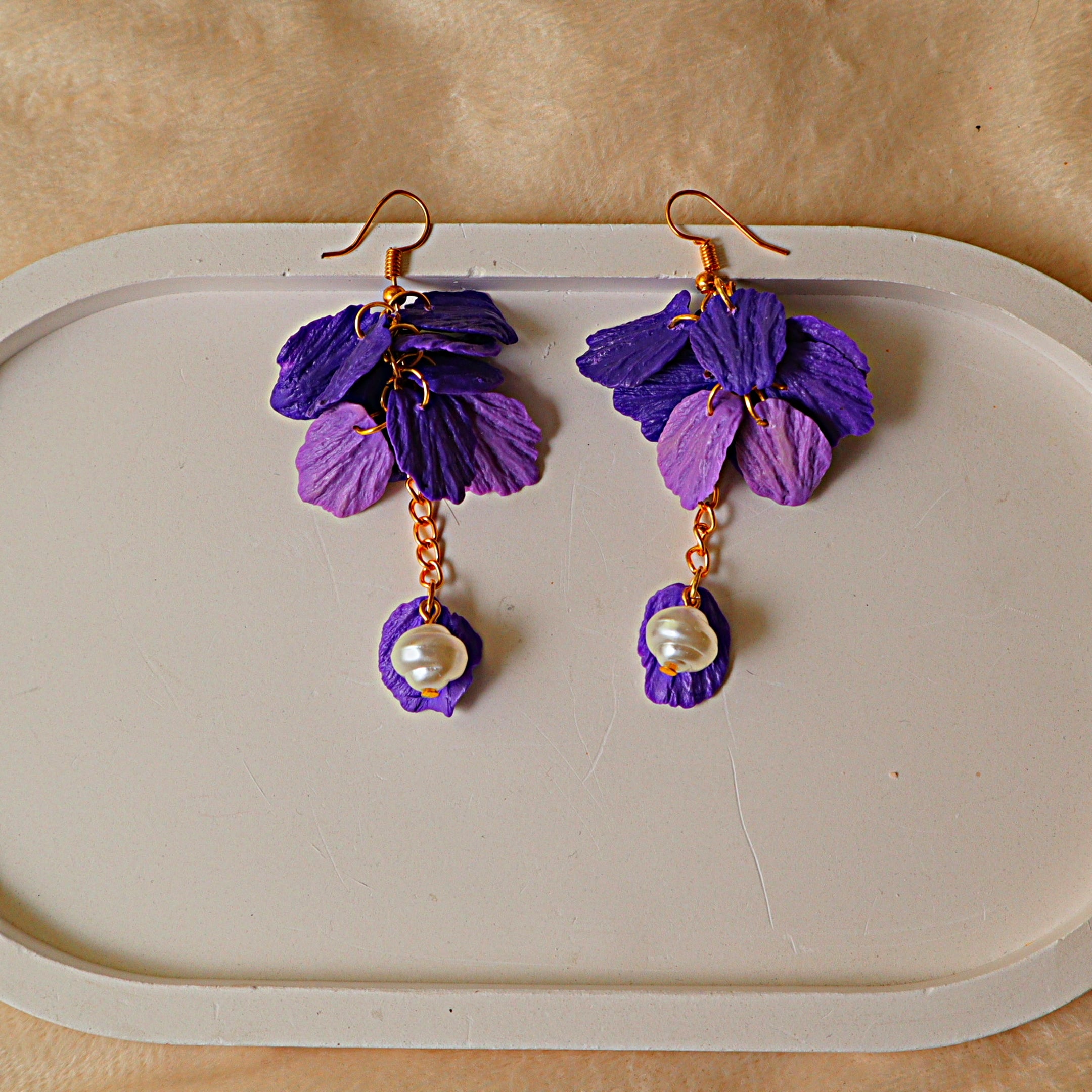 Handmade Cascading Purple Petal Dangle Earrings | Wisteria Floral Clay Drop Earrings with Pearl