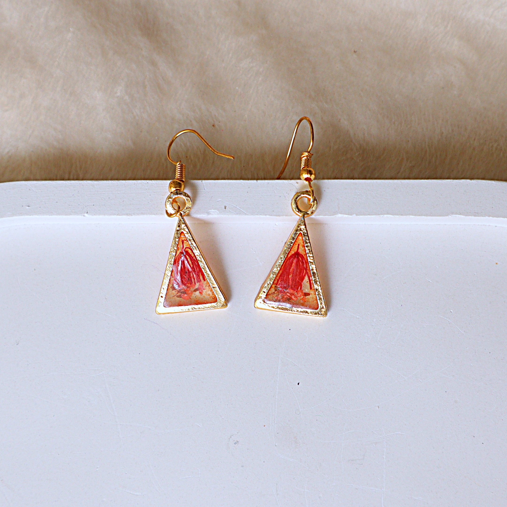 Real Pressed Red Floral Triangle Resin Dangle Earrings | Handcrafted Gold Geometric Drop Earrings