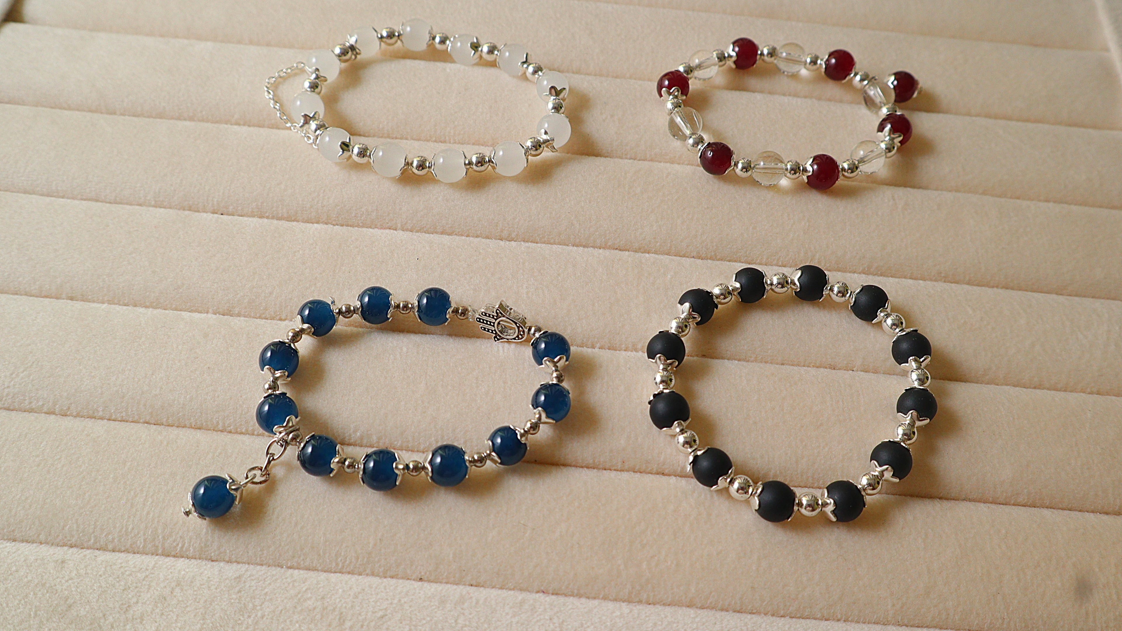 Handmade 4-Piece Gemstone & Glass Bead Bracelet Set | Opalite, Garnet, Teal Agate & Matte Onyx