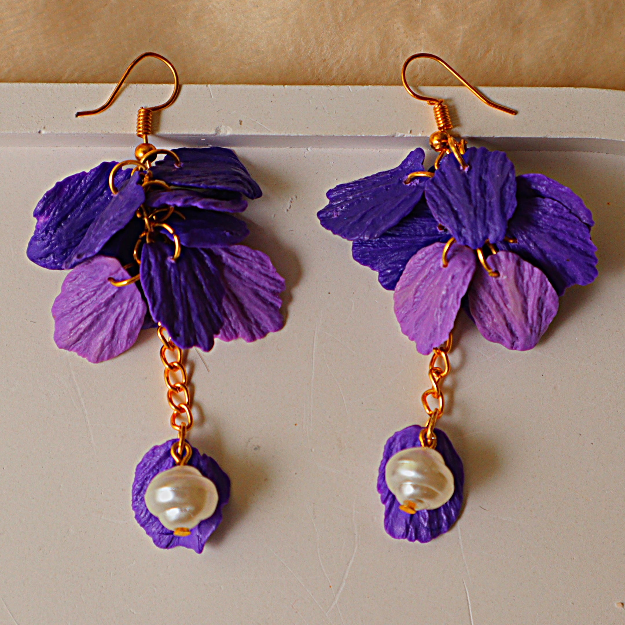 Handmade Cascading Purple Petal Dangle Earrings | Wisteria Floral Clay Drop Earrings with Pearl