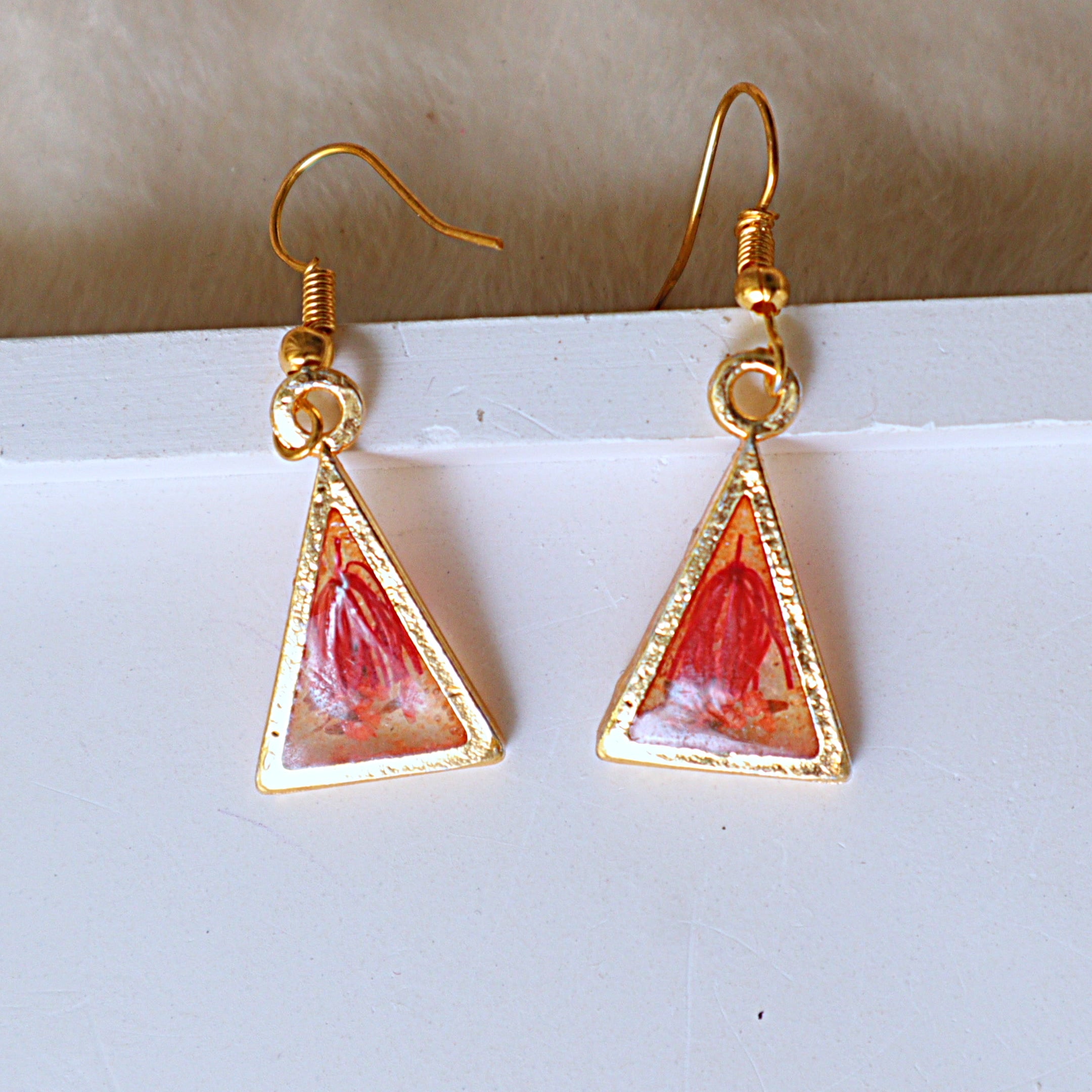 Real Pressed Red Floral Triangle Resin Dangle Earrings | Handcrafted Gold Geometric Drop Earrings
