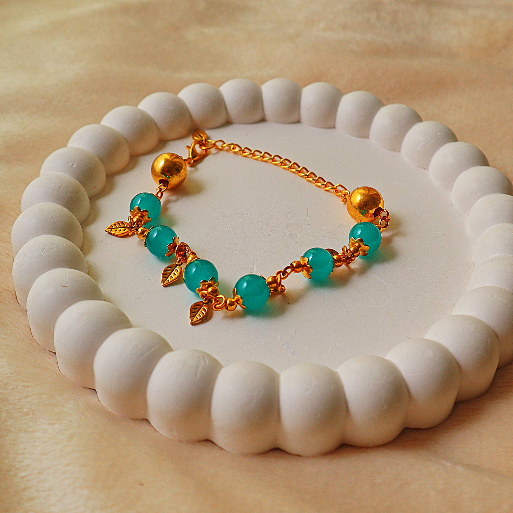 Glass Bead Bracelet – Gold Leaf Charms, Flower Bead Caps & Chain Extension
