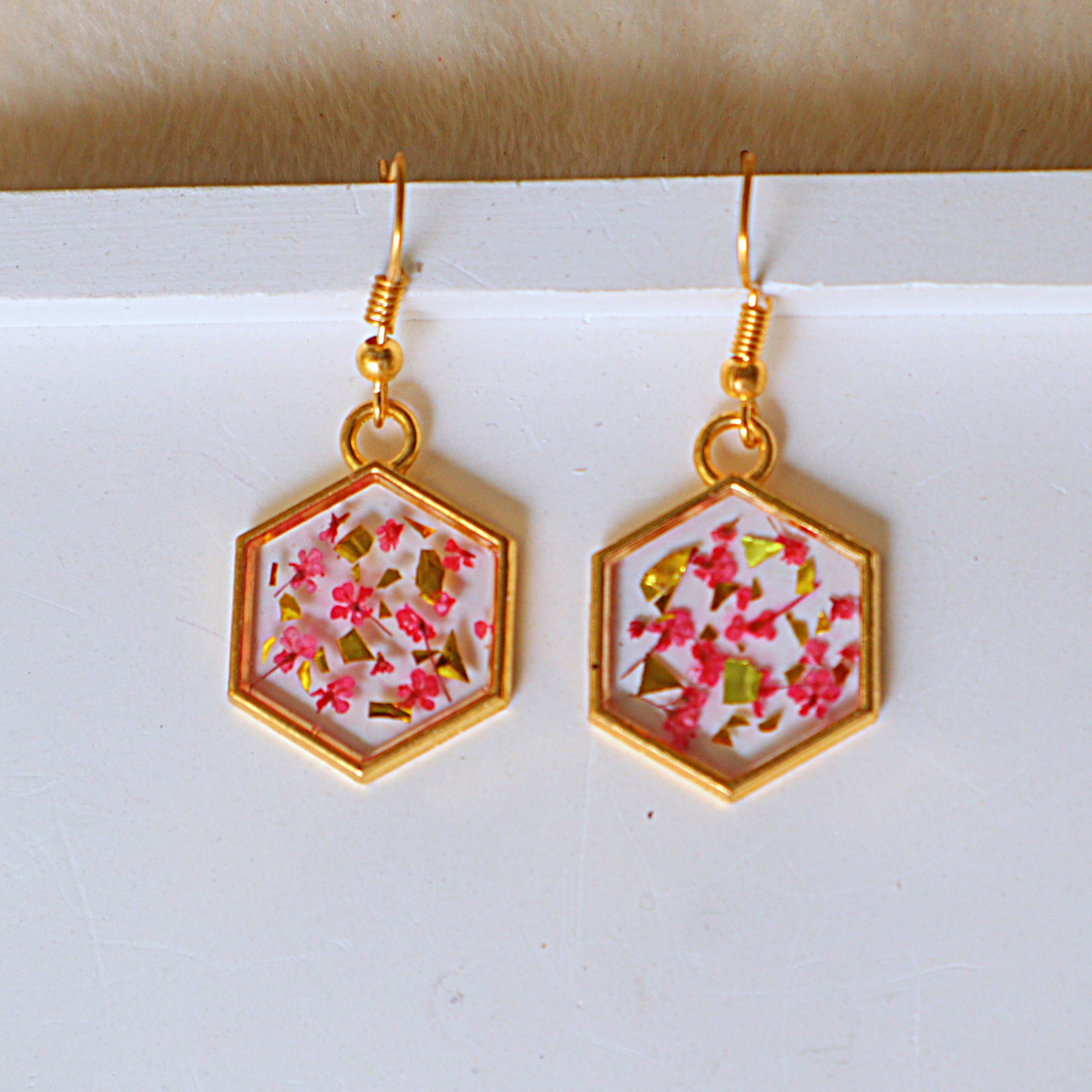 Real Pressed Pink Flower Hexagon Resin Dangle Earrings with Gold Foil | Handcrafted Geometric Botanical Drop Earrings