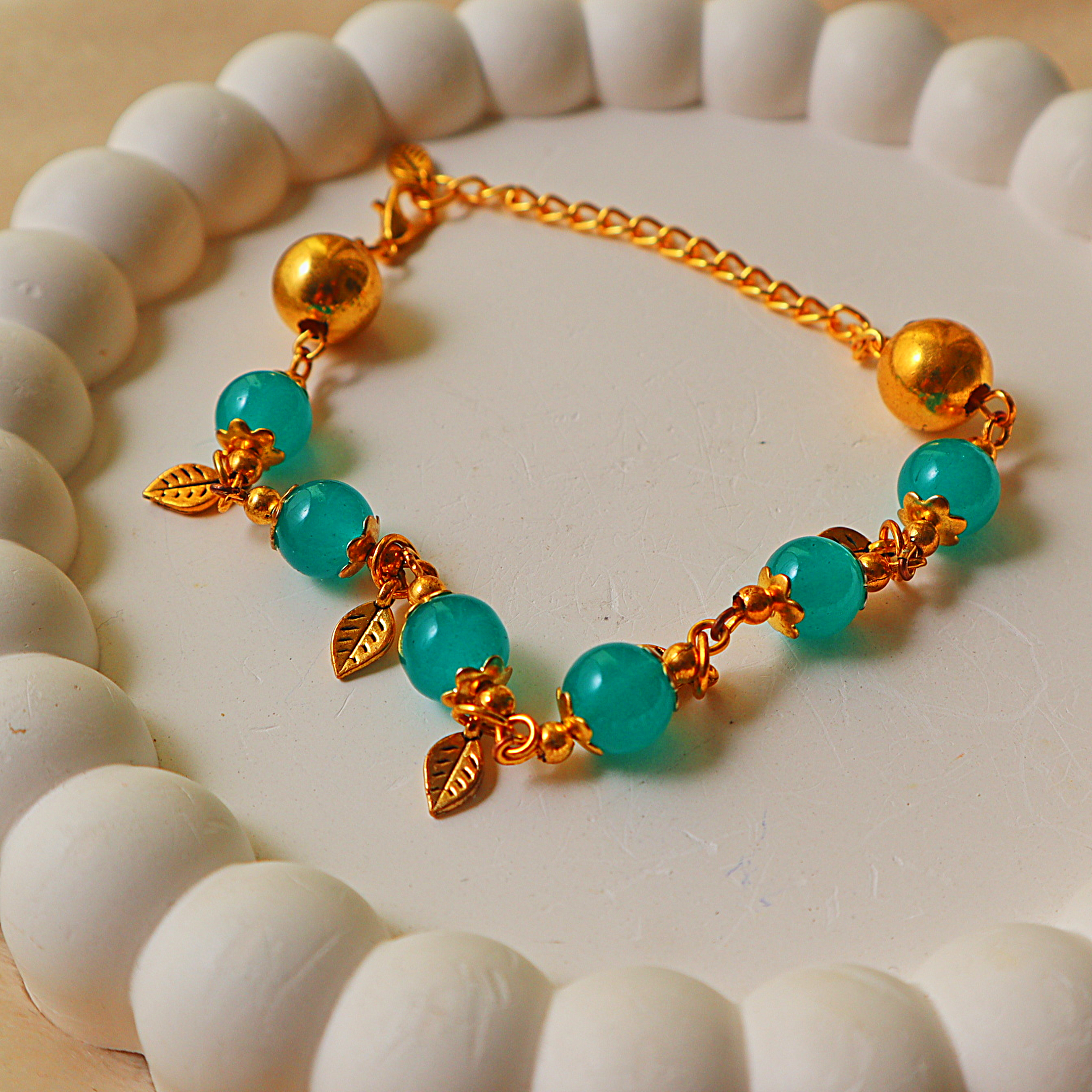 Glass Bead Bracelet – Gold Leaf Charms, Flower Bead Caps & Chain Extension