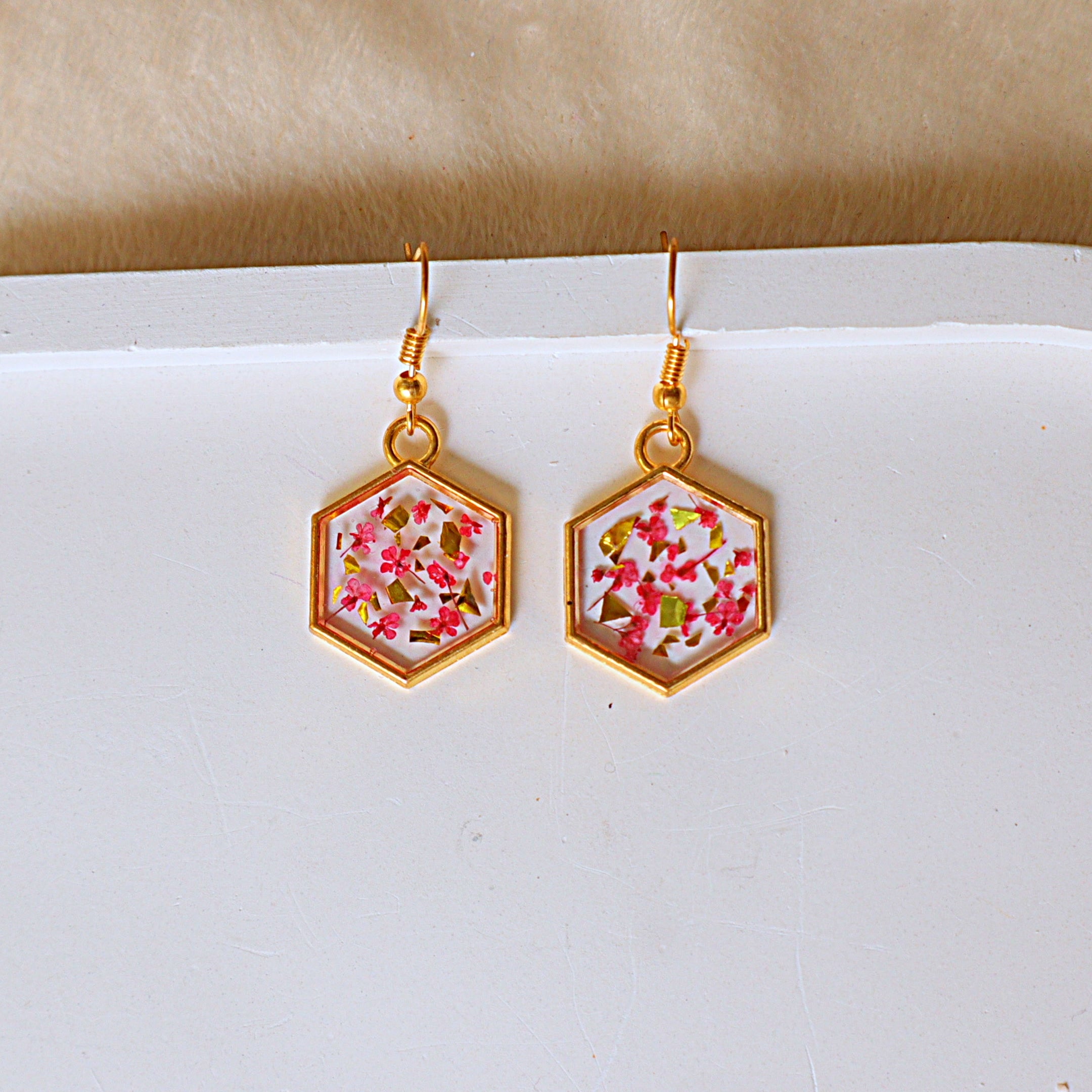 Real Pressed Pink Flower Hexagon Resin Dangle Earrings with Gold Foil | Handcrafted Geometric Botanical Drop Earrings
