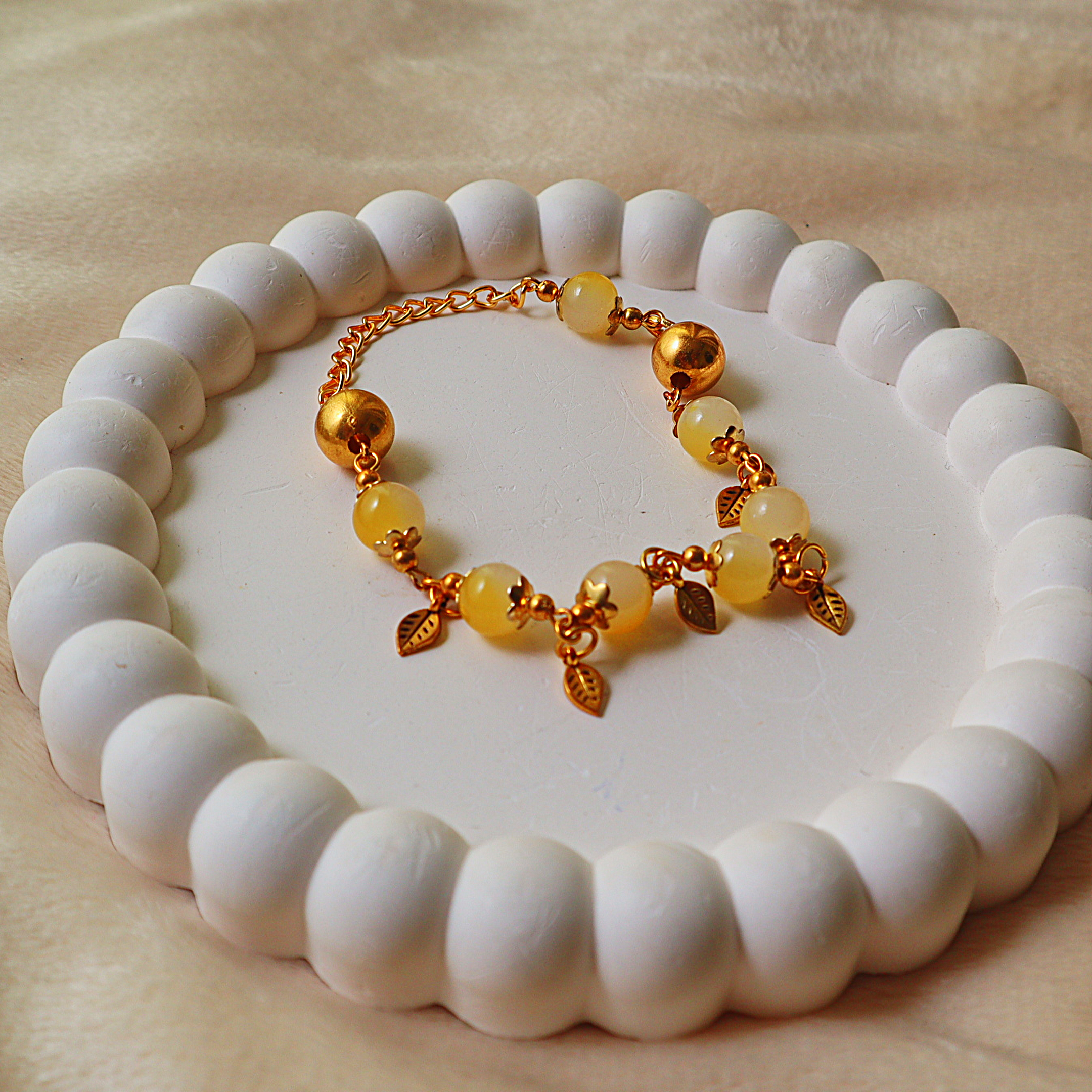 Glass Bead Bracelet – Gold Leaf Charms, Flower Bead Caps & Chain Extension