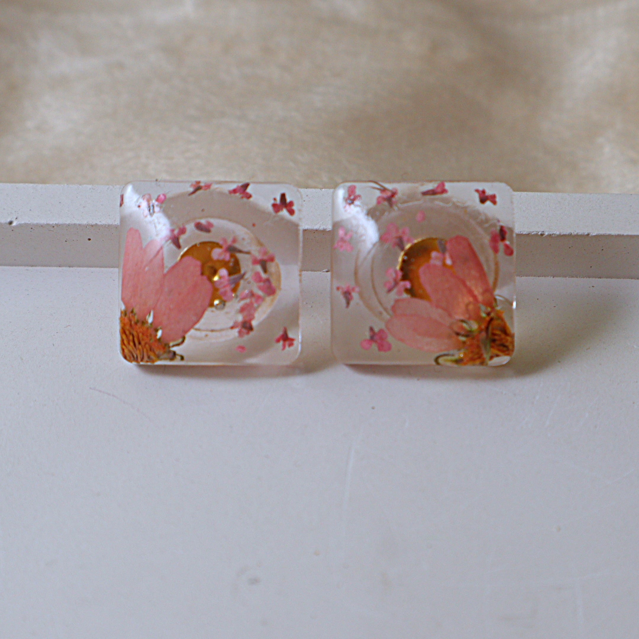 Real Pressed Pink Flower Square Resin Stud Earrings | Handcrafted Clear Botanical Statement Studs